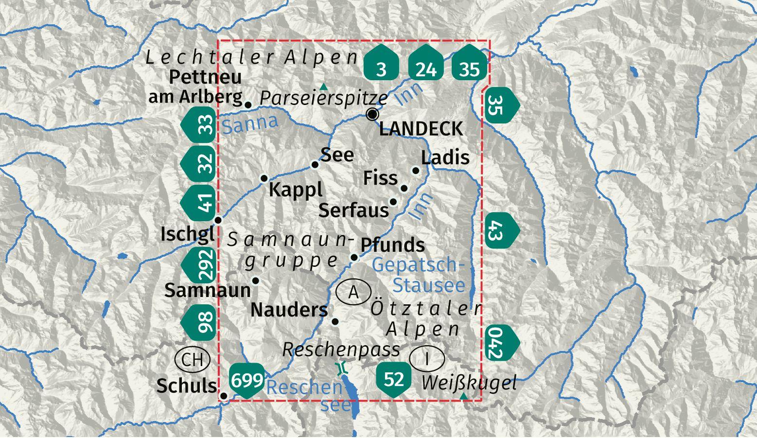 Beispielinhalt (Bild) KOMPASS Wanderkarte 42 Landeck, Nauders, Samnaungruppe 1:50.000