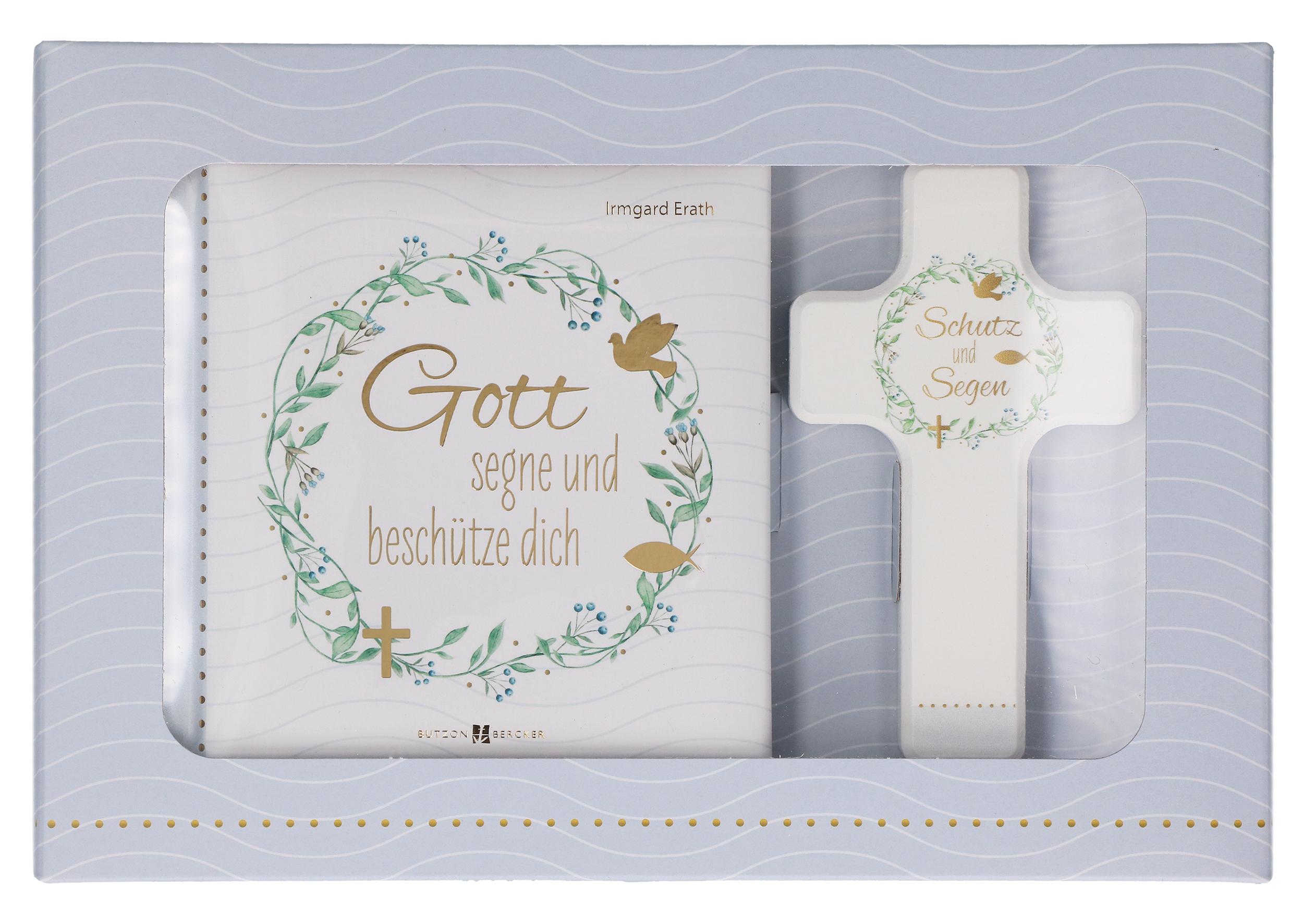 Vorderes Coverbild Butzon & Bercker Geschenkset zur Taufe 15 x 22 x 2 cm - Holzkreuz aus Buchenholz weiß lackiert mit Taufspruch, gebundenes Buch 11 x 11 cm, Lieferung in Geschenkverpackung