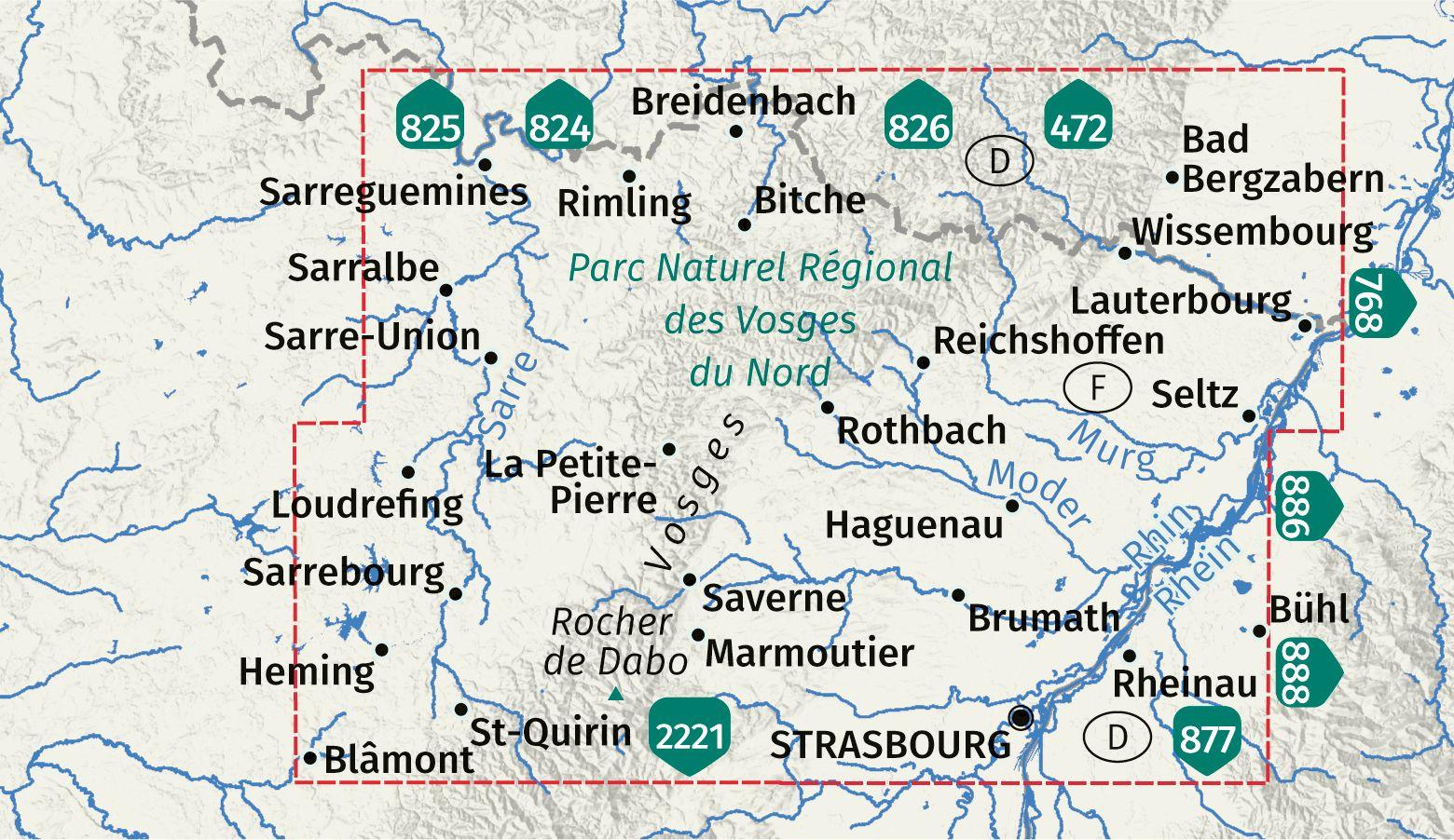 Beispielinhalt (Bild) KOMPASS Wanderkarten-Set 2220 Elsass, Vogesen Nord, Hagenau, Straßburg / Alsace, Vosges du Nord, Haguenau, Strasbourg (2 Karten) 1:50.000