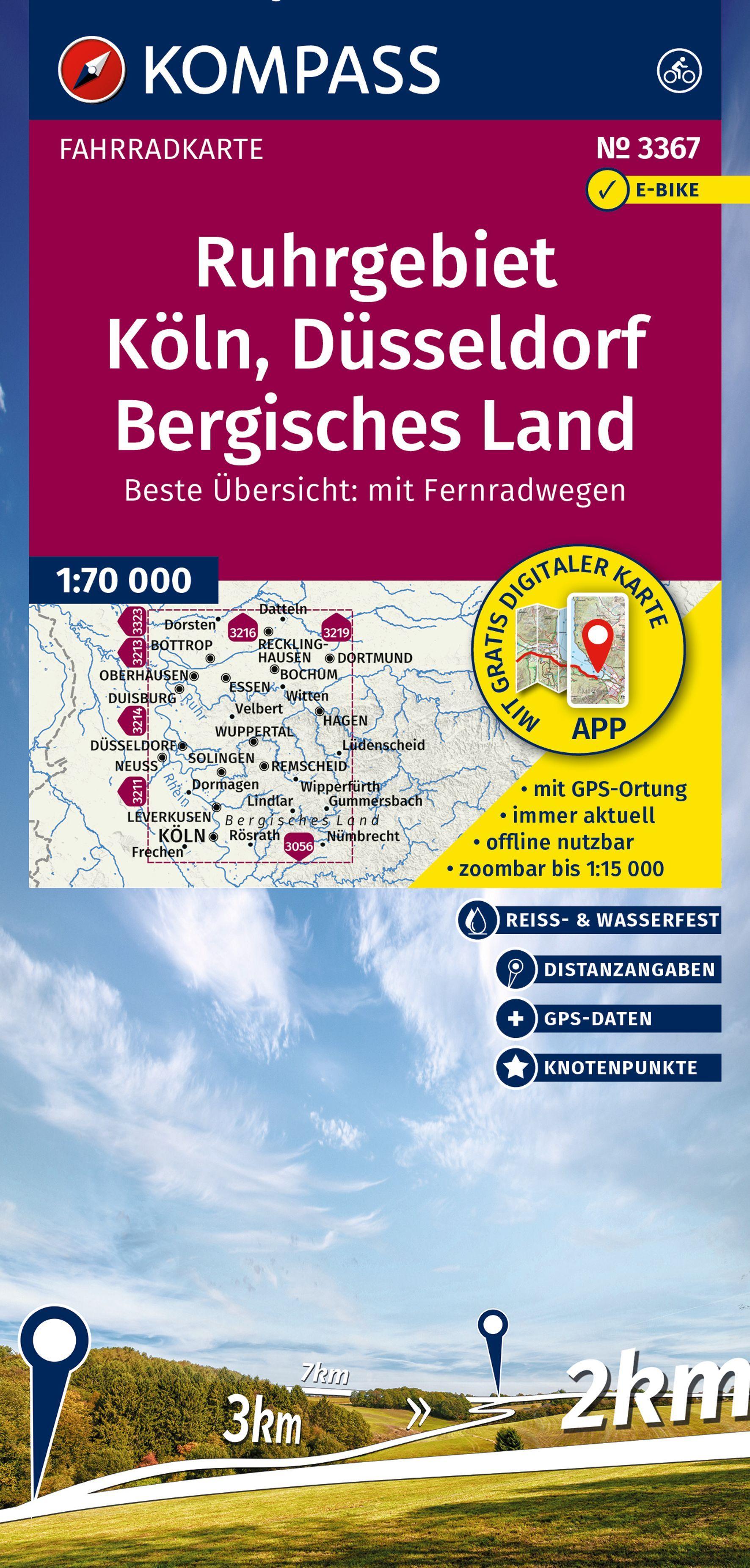 Vorderes Coverbild KOMPASS Fahrradkarte 3367 Ruhrgebiet, Köln, Düsseldorf, Bergisches Land mit Knotenpunkten 1:70.000