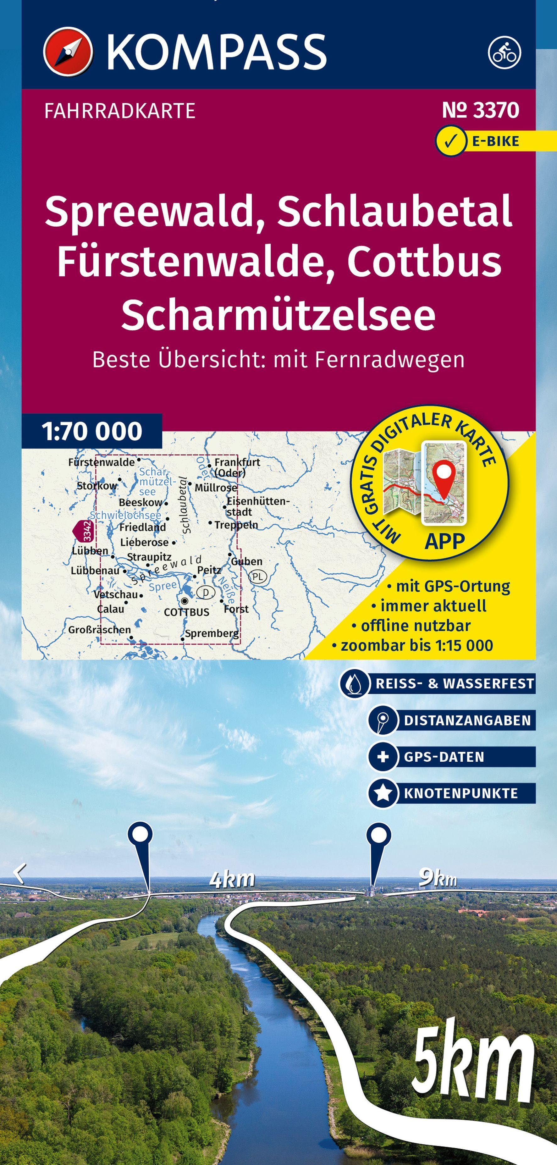 Vorderes Coverbild KOMPASS Fahrradkarte 3370 Spreewald, Schlaubetal, Fürstenwalde, Cottbus, Scharmützelsee mit Knotenpunkten 1:70.000