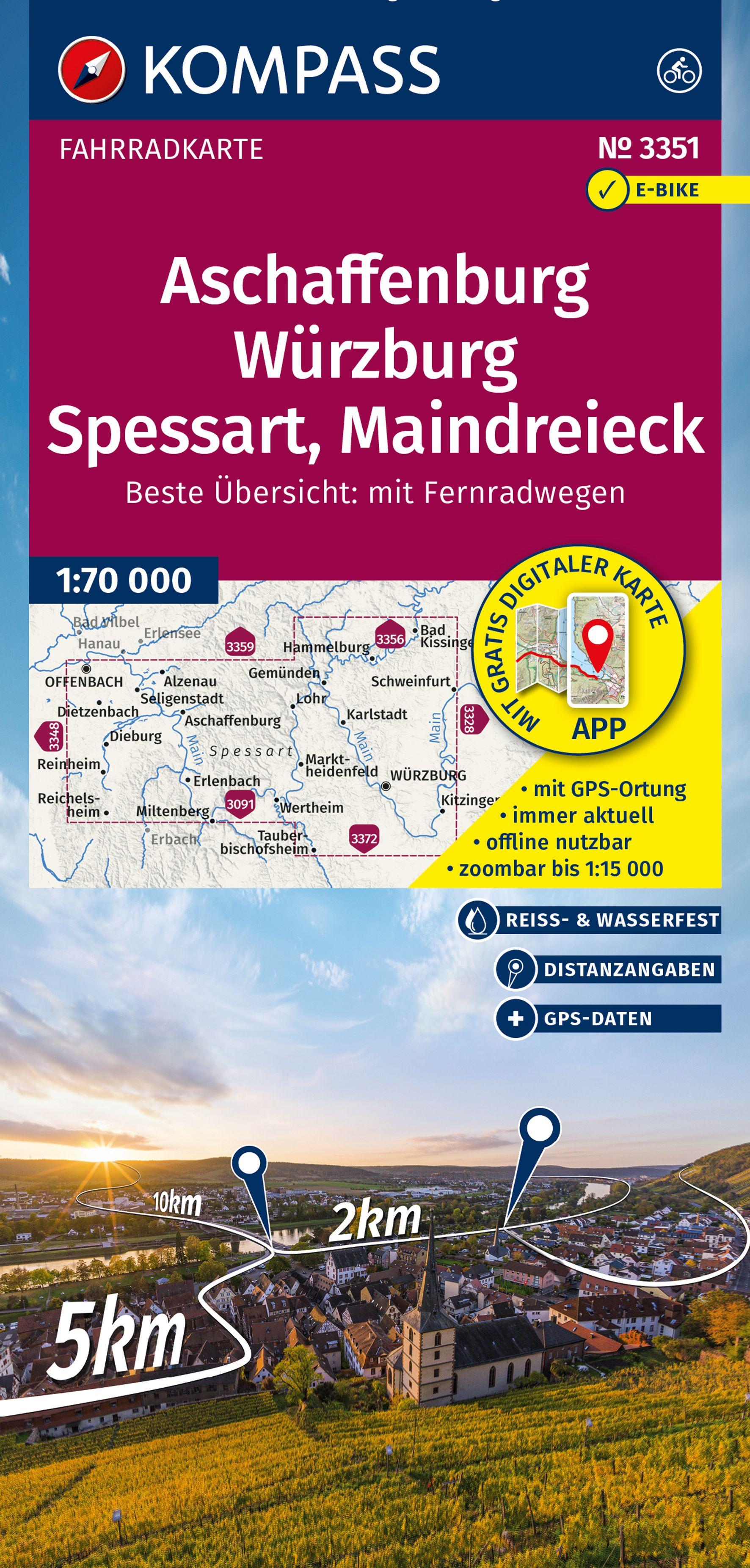 Vorderes Coverbild KOMPASS Fahrradkarte 3351 Aschaffenburg, Würzburg, Spessart, Maindreieck 1:70.000