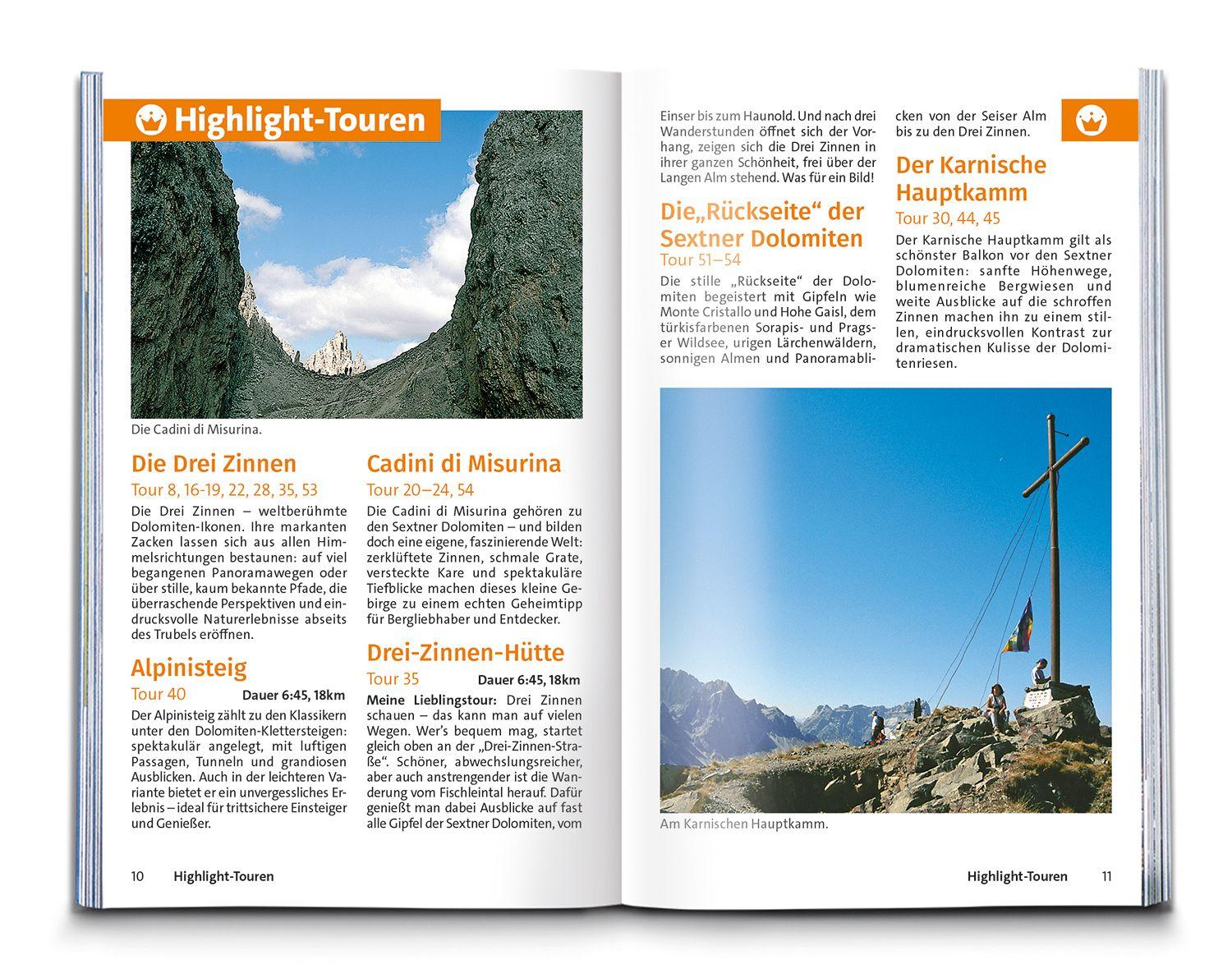 Beispielinhalt (Bild) KOMPASS Wanderführer Sextner Dolomiten, Naturpark Drei Zinnen - Herausragende Dolomiten, 50 Touren mit Extra-Tourenkarte