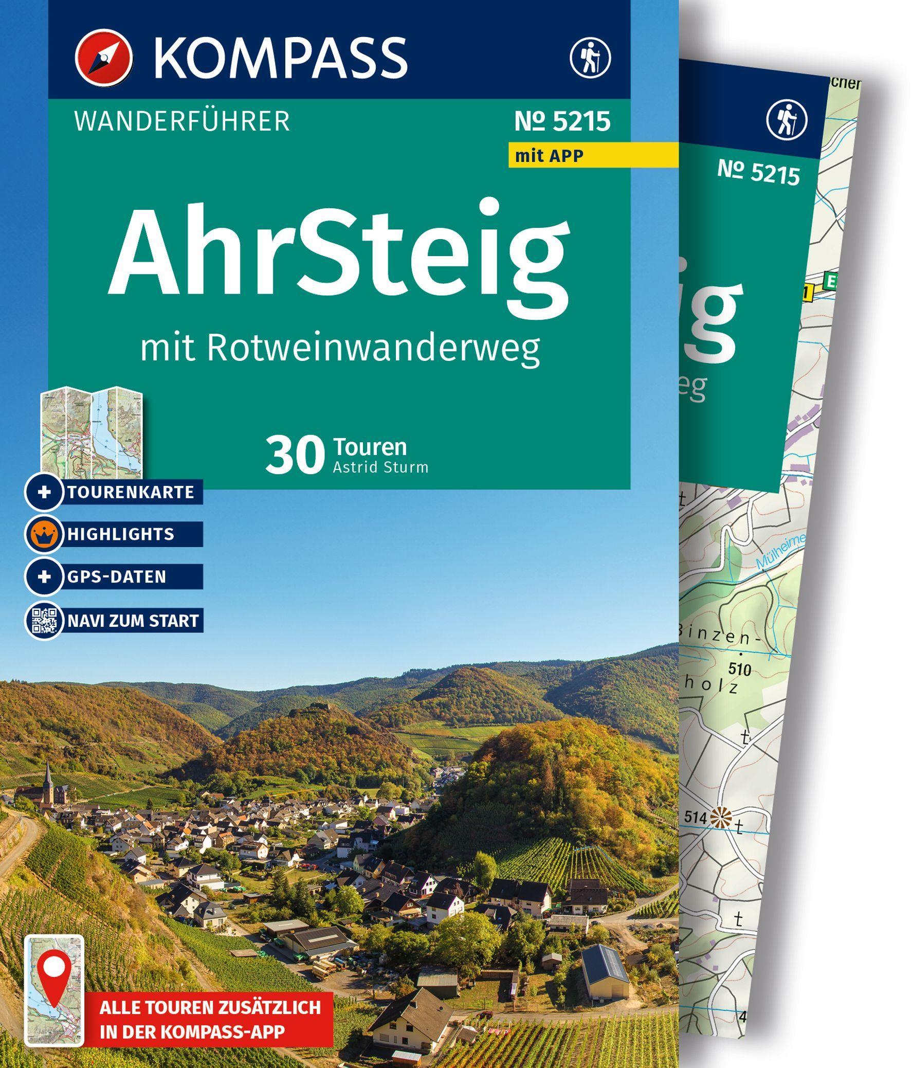 Vorderes Coverbild KOMPASS Wanderführer Ahrsteig mit Rotweinwanderweg, 30 Touren/Etappen mit Extra-Tourenkarte