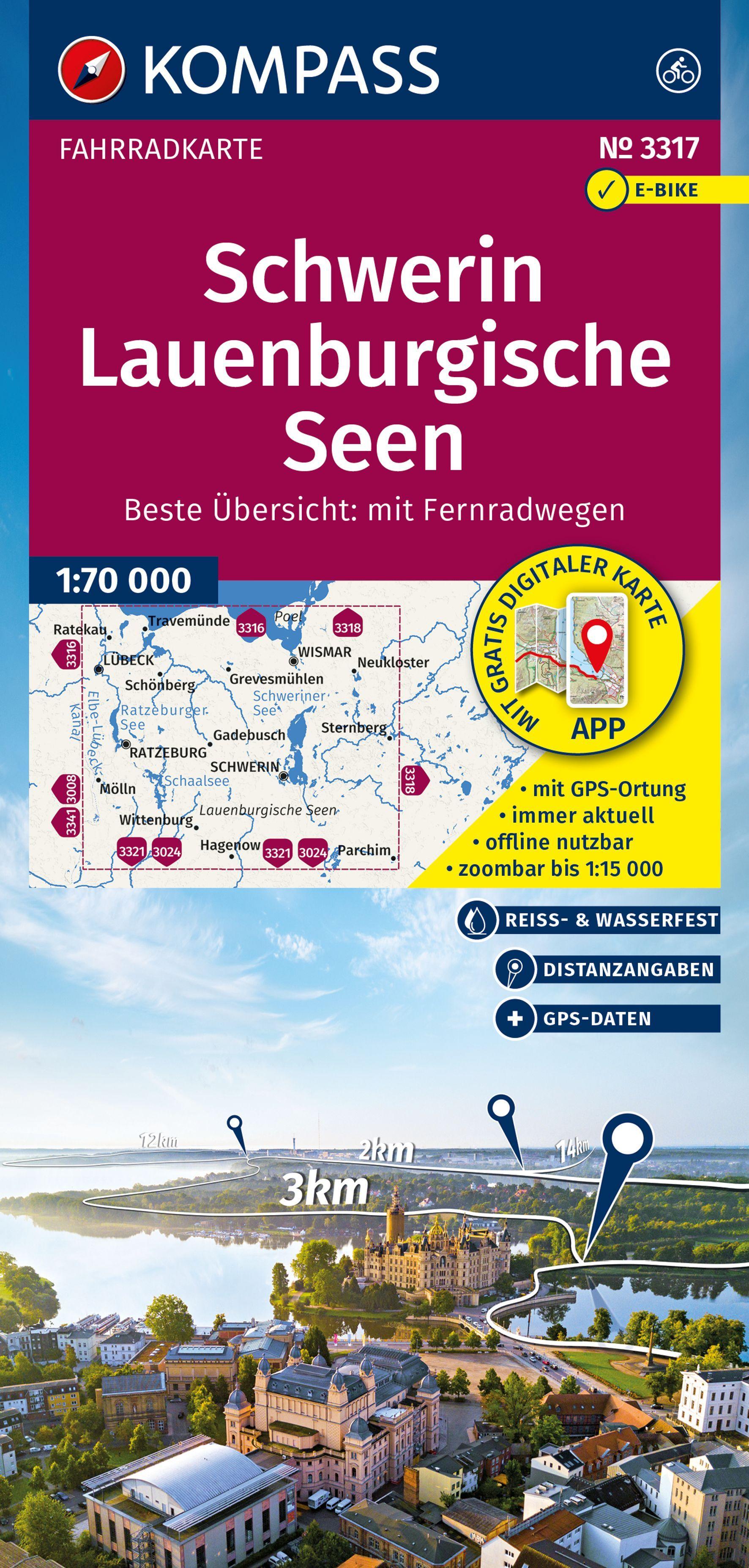 Vorderes Coverbild KOMPASS Fahrradkarte 3317 Schwerin, Lauenburgische Seen 1:70.000