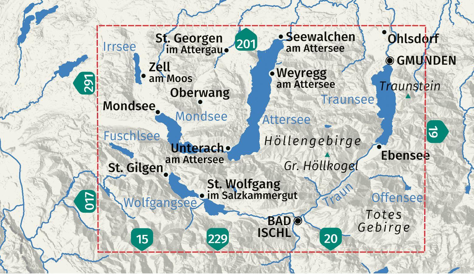 Beispielinhalt (Bild) KOMPASS Wanderkarte 18 Nördliches Salzkammergut, Wolfgangsee, Attersee, Traunsee 1:50.000