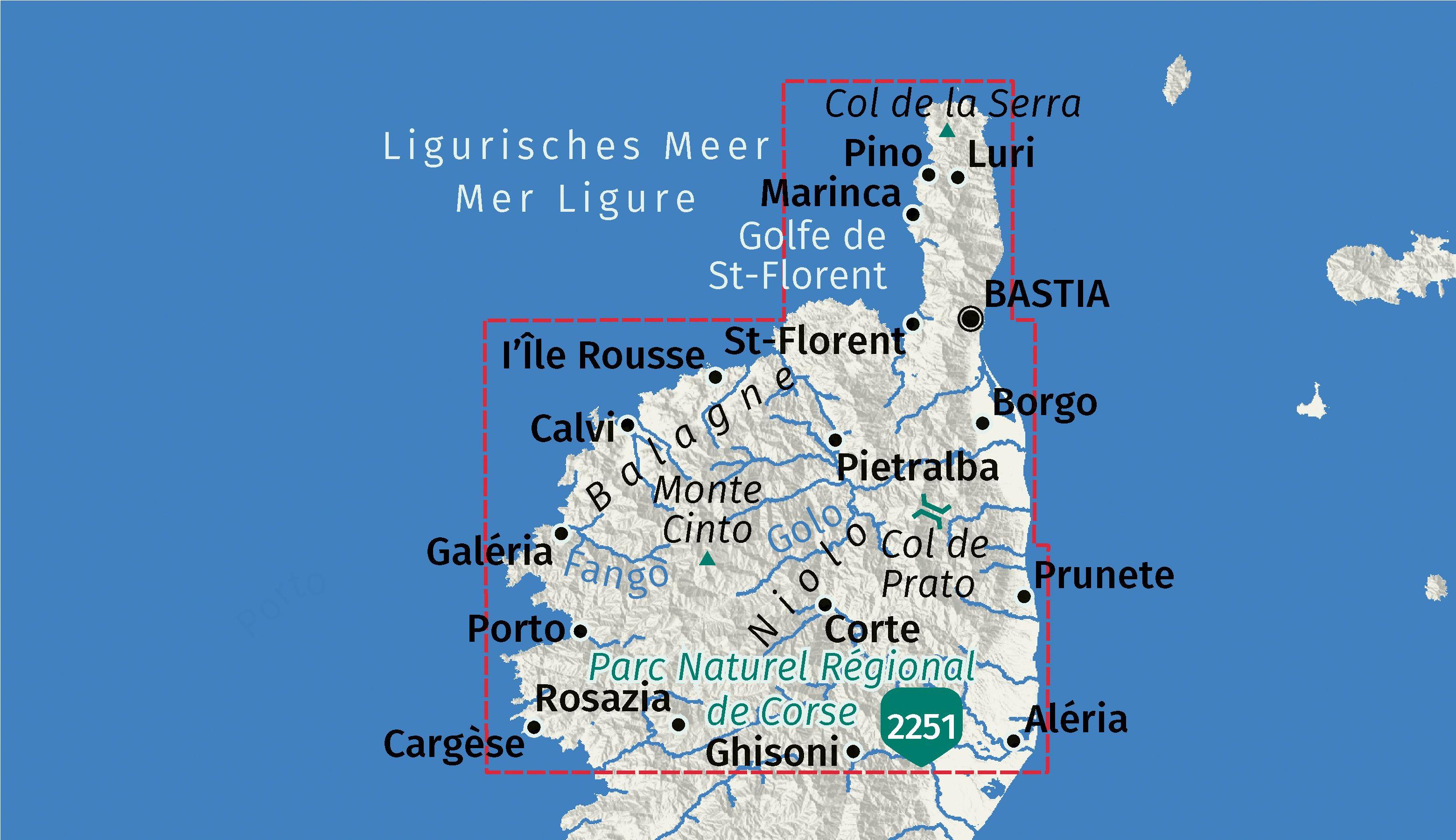 Beispielinhalt (Bild) KOMPASS Wanderkarten-Set 2250 Korsika Nord, Corse du Nord, Weitwanderweg GR20 (3 Karten) 1:50.000