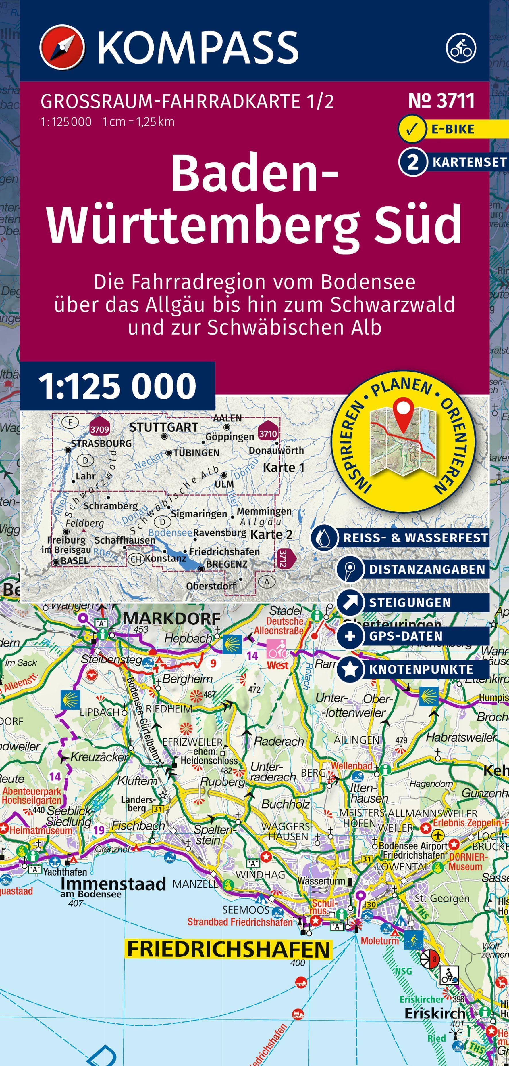 Vorderes Coverbild KOMPASS Großraum Fahrradkarte 3711 Baden-Württemberg Süd, die Fahrradregion vom Bodensee über das Allgäu bis zum Schwarzwald und der Schwäbischen Alb; mit Knotenpunkten 1:125.000