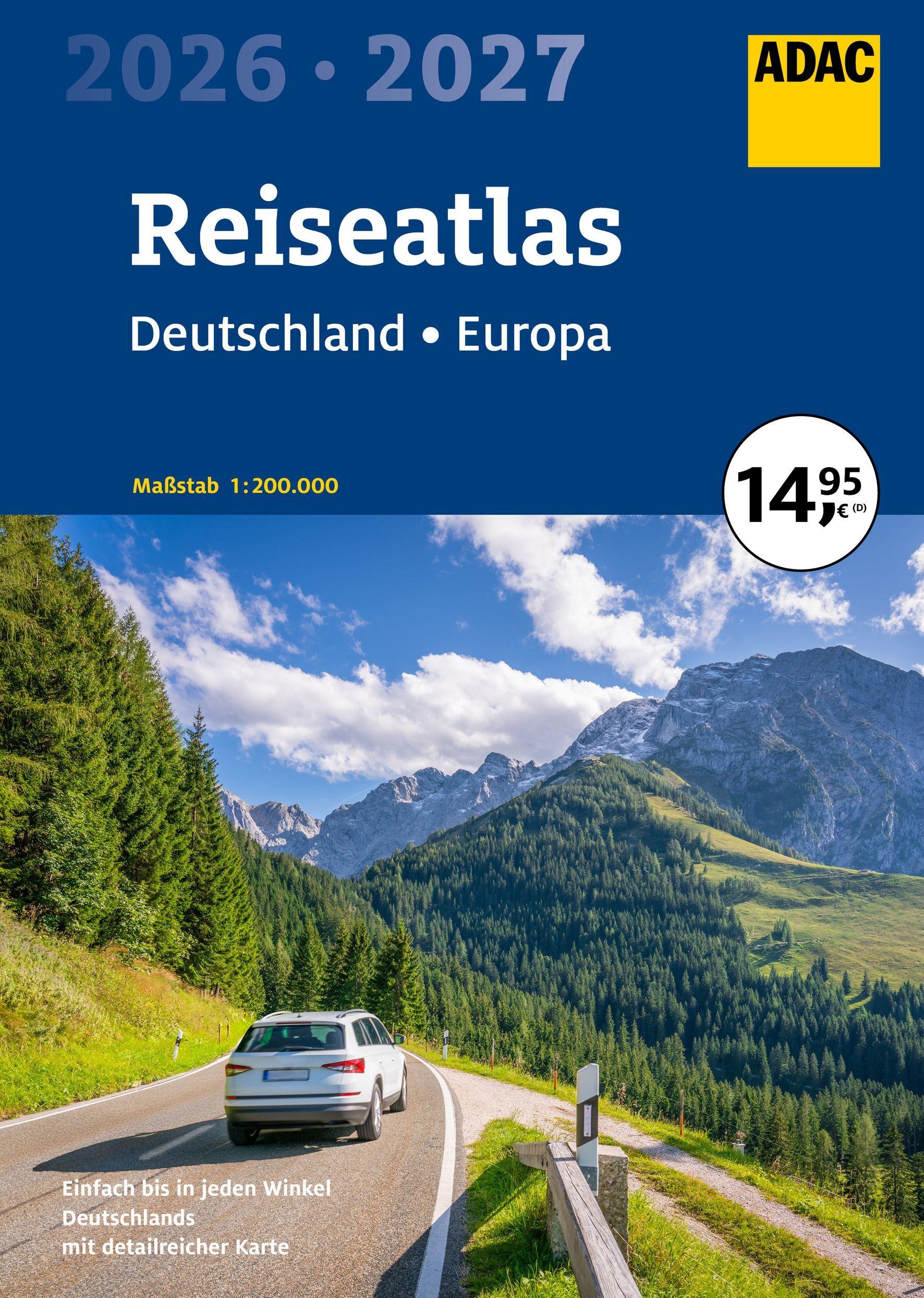 Vorderes Coverbild ADAC Reiseatlas 2026/2027 Deutschland 1:200.000, Europa 1:4,5 Mio.