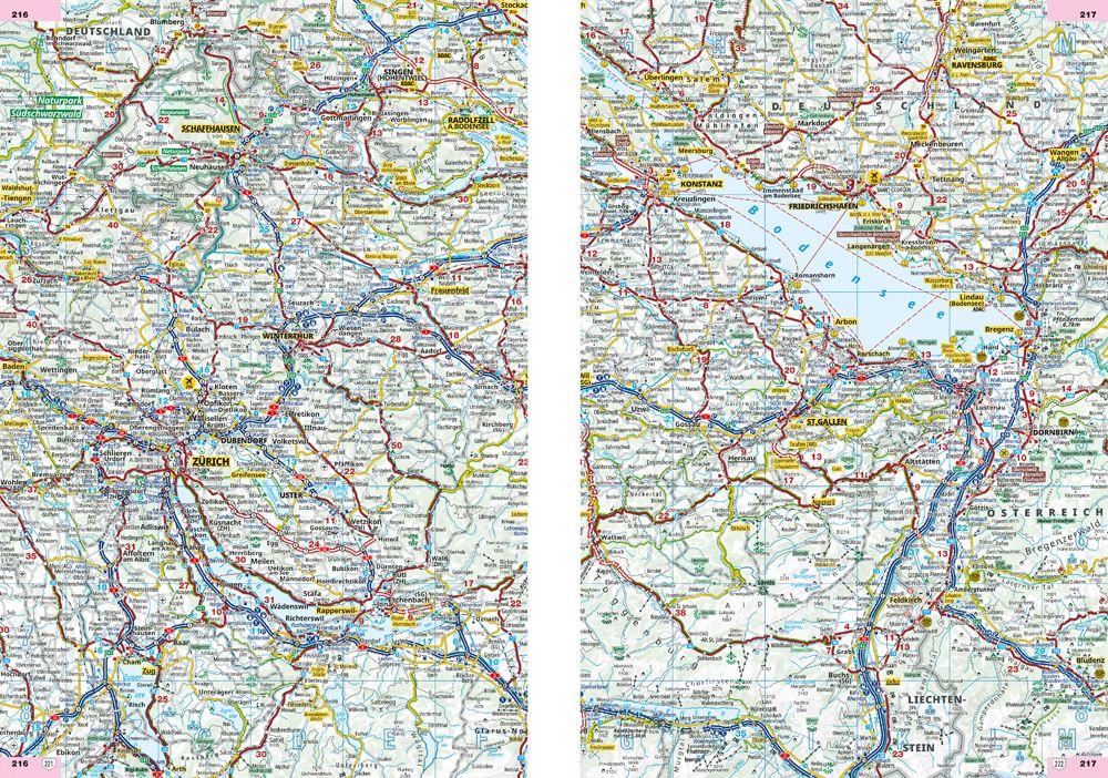Beispielinhalt (Bild) ADAC Superstraßen Autoatlas 2026/2027 Deutschland 1:200.000, Österreich, Schweiz 1:300.000 mit Europa 1:4,5 Mio.