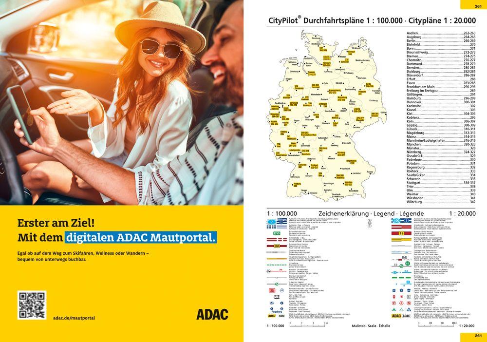 Beispielinhalt (Bild) ADAC Superstraßen Autoatlas 2026/2027 Deutschland 1:200.000, Österreich, Schweiz 1:300.000 mit Europa 1:4,5 Mio.