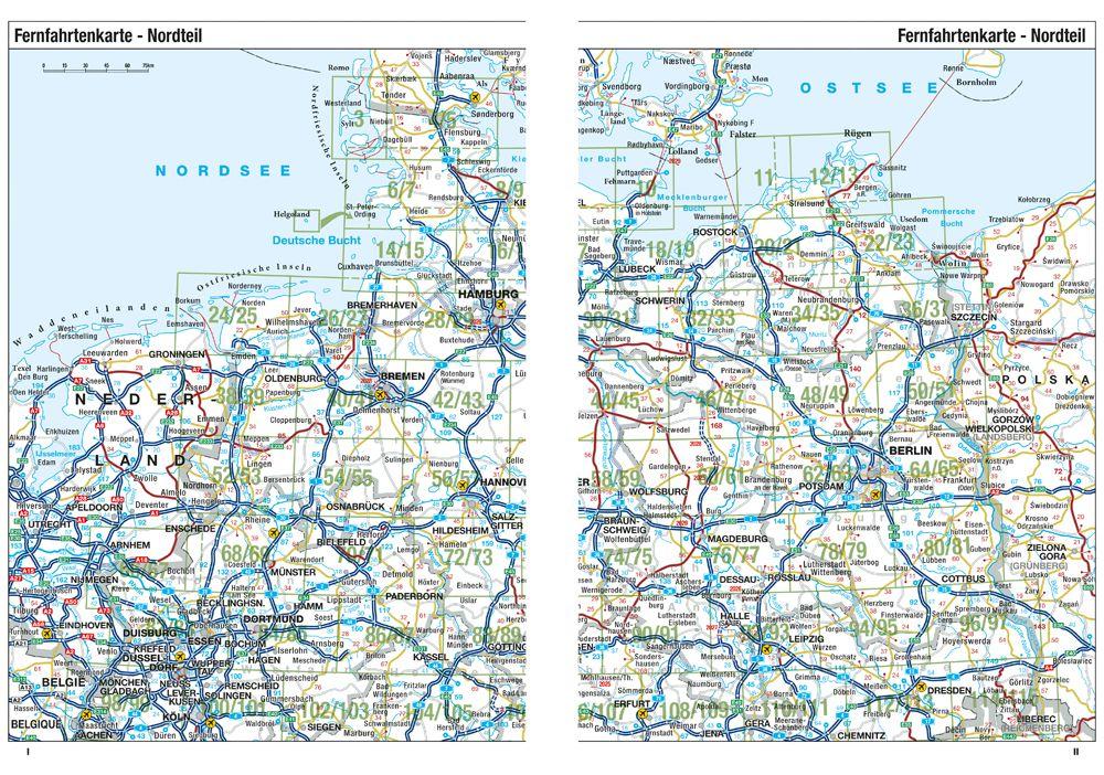 Beispielinhalt (Bild) ADAC Superstraßen Autoatlas 2026/2027 Deutschland 1:200.000, Österreich, Schweiz 1:300.000 mit Europa 1:4,5 Mio.