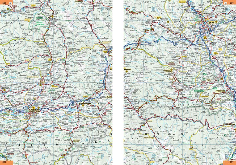 Beispielinhalt (Bild) ADAC Superstraßen Autoatlas 2026/2027 Deutschland 1:200.000, Österreich, Schweiz 1:300.000 mit Europa 1:4,5 Mio.