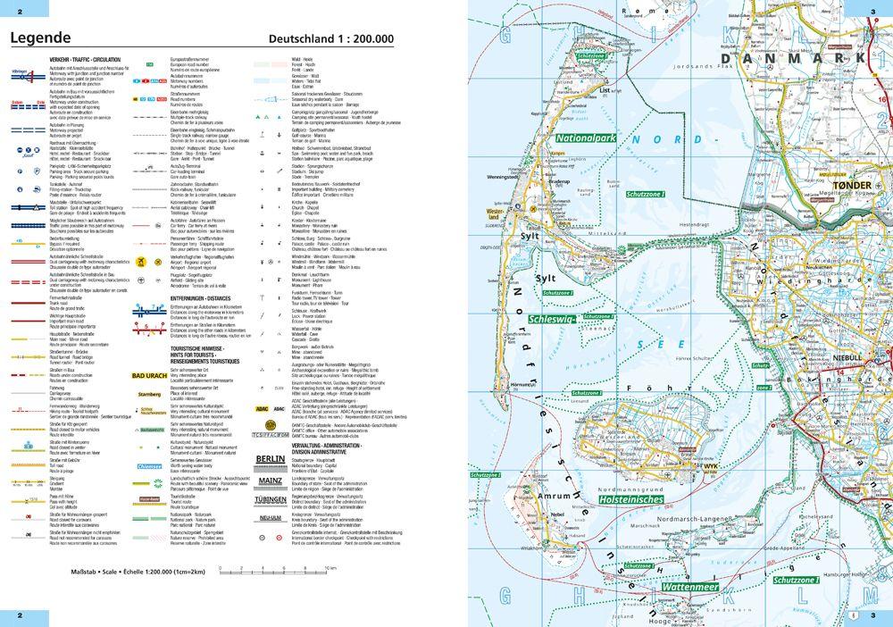 Beispielinhalt (Bild) ADAC Superstraßen Autoatlas 2026/2027 Deutschland 1:200.000, Österreich, Schweiz 1:300.000 mit Europa 1:4,5 Mio.