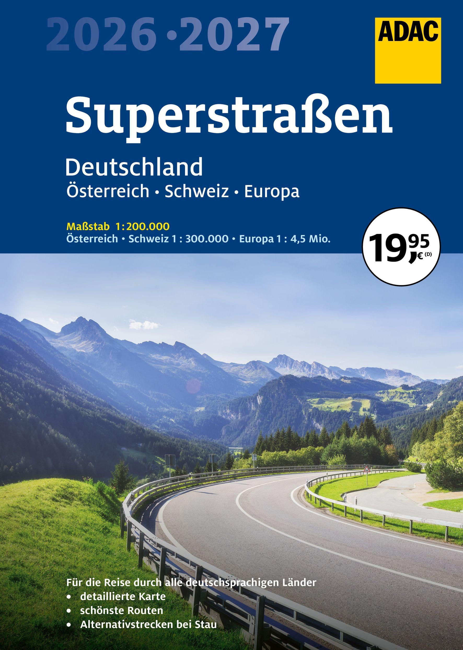 Vorderes Coverbild ADAC Superstraßen Autoatlas 2026/2027 Deutschland 1:200.000, Österreich, Schweiz 1:300.000 mit Europa 1:4,5 Mio.