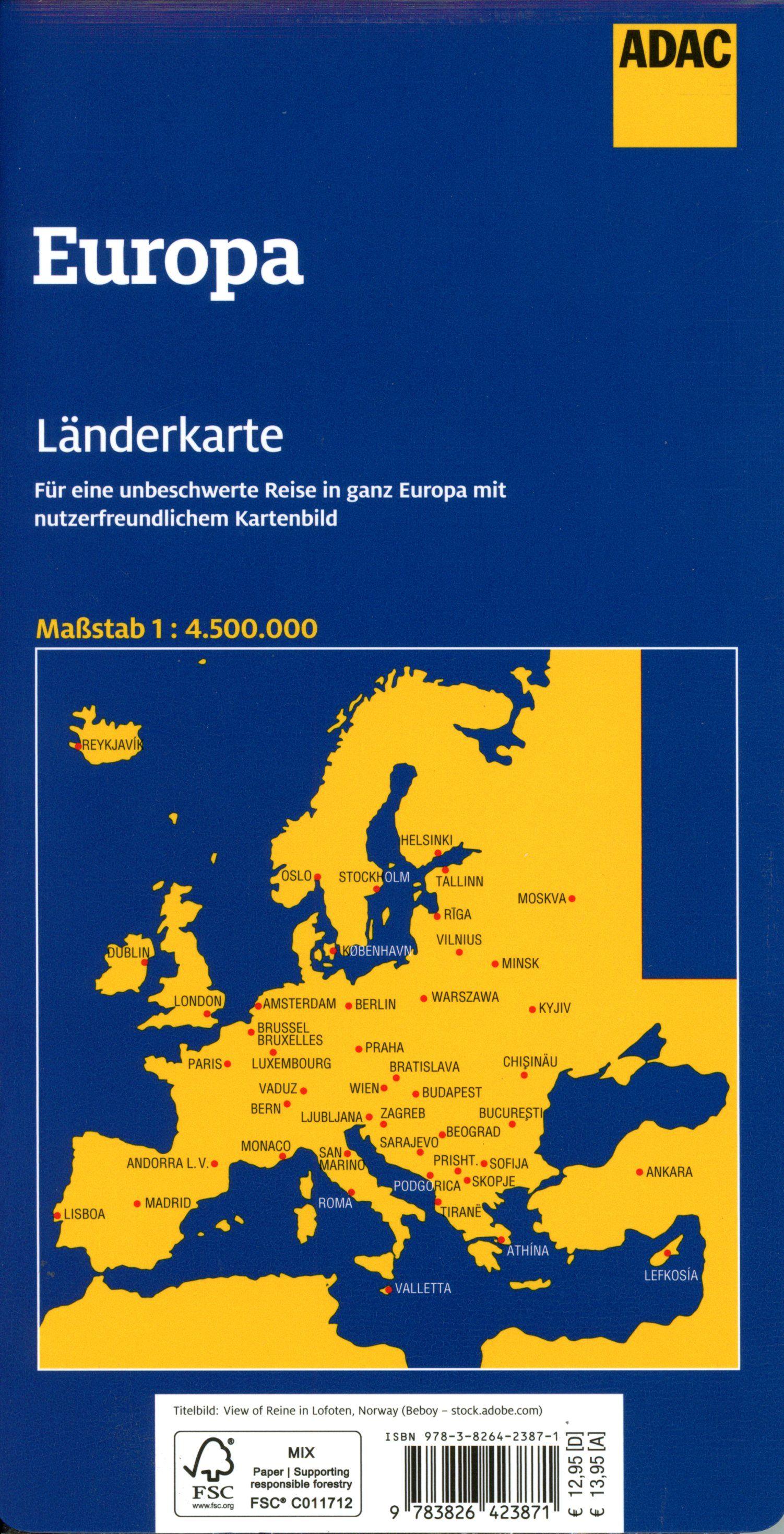 Beispielinhalt (Bild) ADAC Länderkarte Europa 1:4,5 Mio.