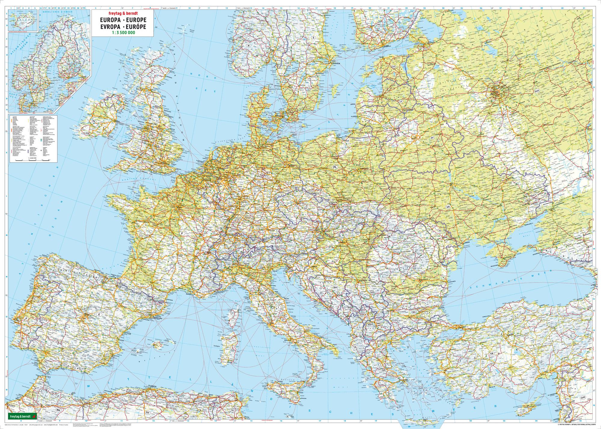 Vorderes Coverbild Europa physisch, Straßenkarte 1:3.500.000, Poster metallbestäbt, freytag & berndt