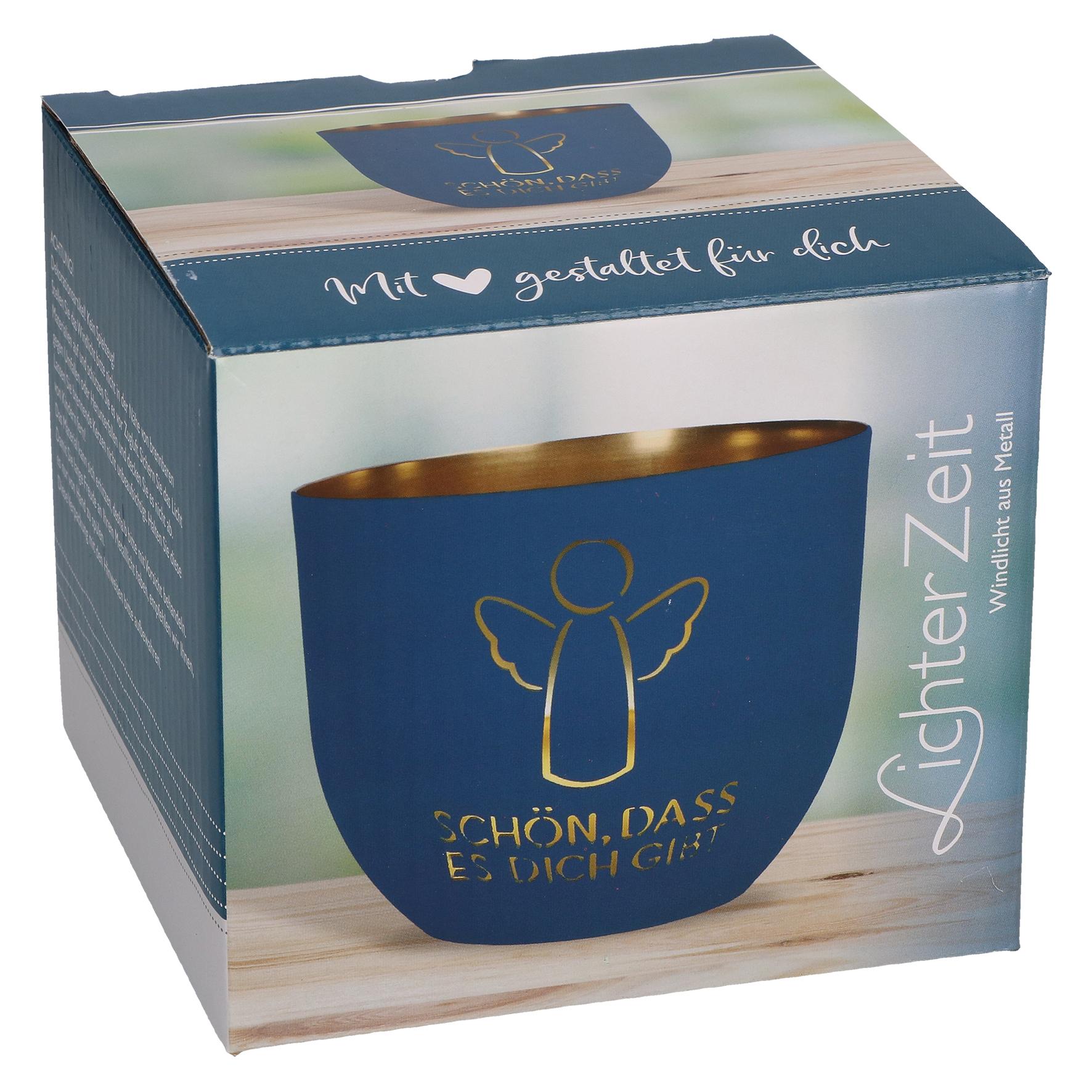 Vorderes Coverbild Butzon & Bercker Metallwindlicht Ø 11 cm - blau-mattes Windlicht aus Metall mit durchbrochenem Motiv, goldveredelt innen, Lieferung in Geschenkverpackung