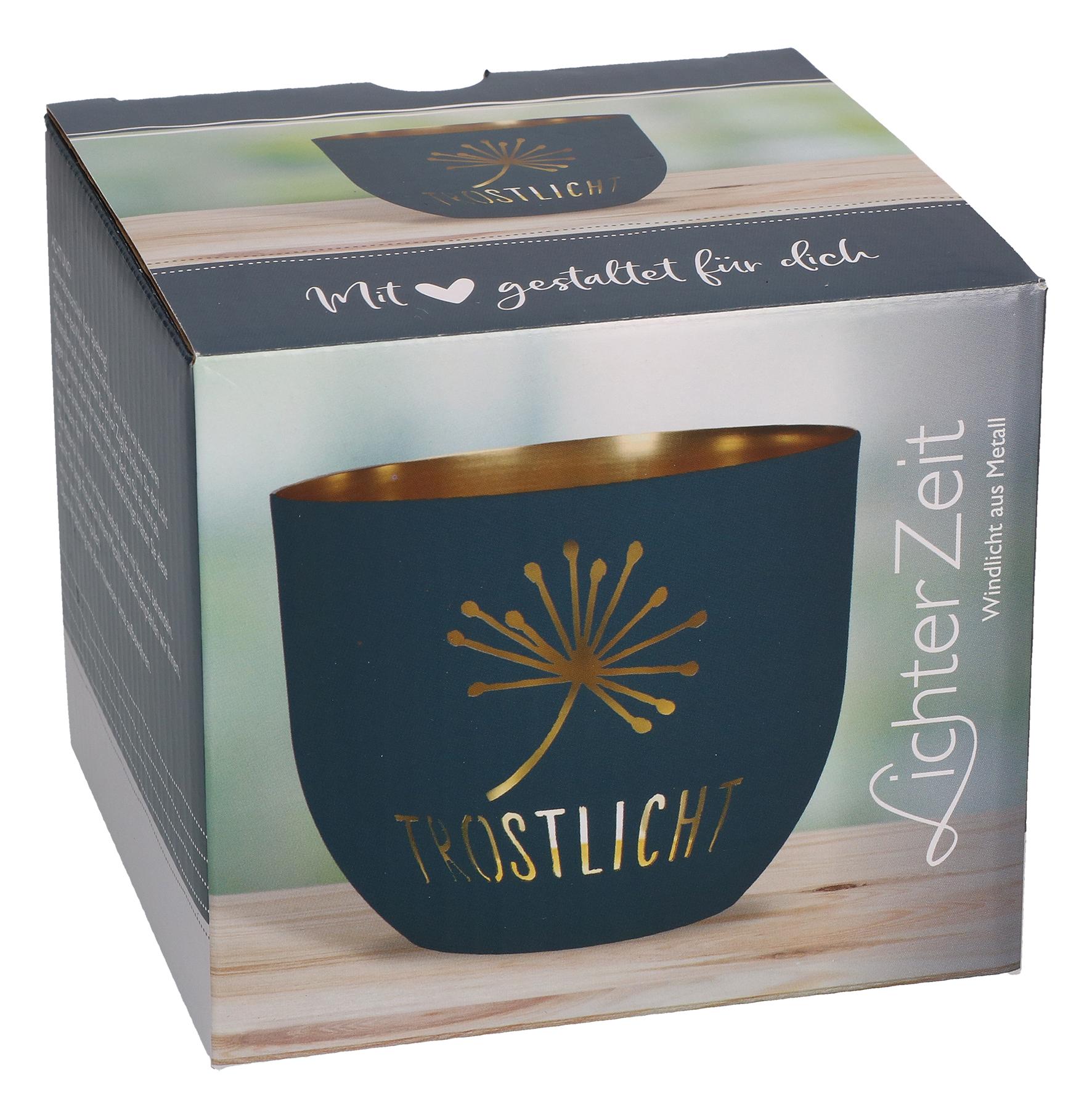 Vorderes Coverbild Butzon & Bercker Windlicht aus Metall Ø 9,2 cm - Metallwindlicht in dunkelgrau-matt, durchbrochenes Trost-Motiv, innen goldveredelt, in Geschenkverpackung