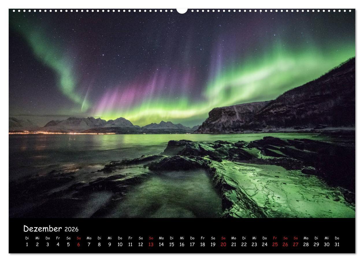 Beispielinhalt (Bild) Nordlichtkalender (hochwertiger Premium Wandkalender 2026 DIN A2 quer), Kunstdruck in Hochglanz