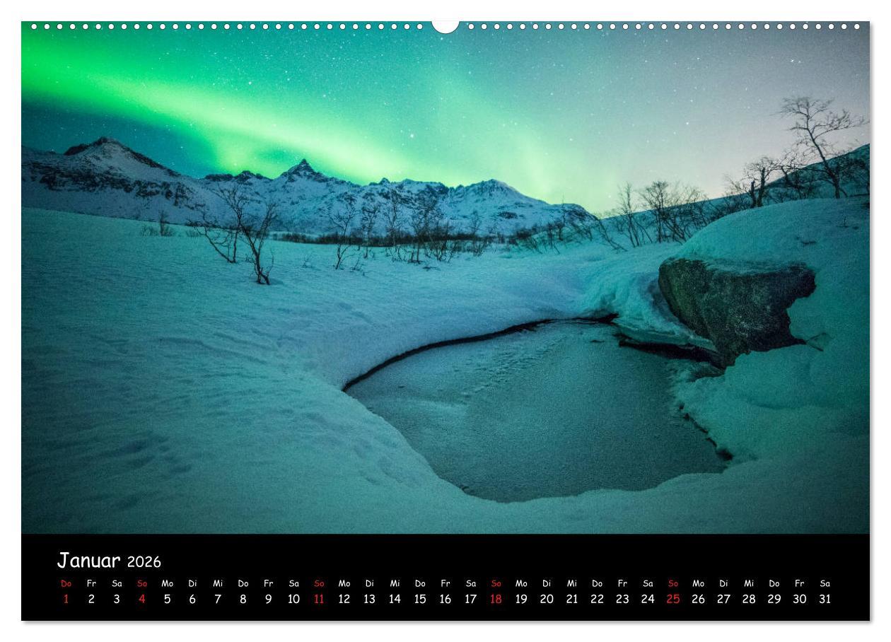 Beispielinhalt (Bild) Nordlichtkalender (hochwertiger Premium Wandkalender 2026 DIN A2 quer), Kunstdruck in Hochglanz