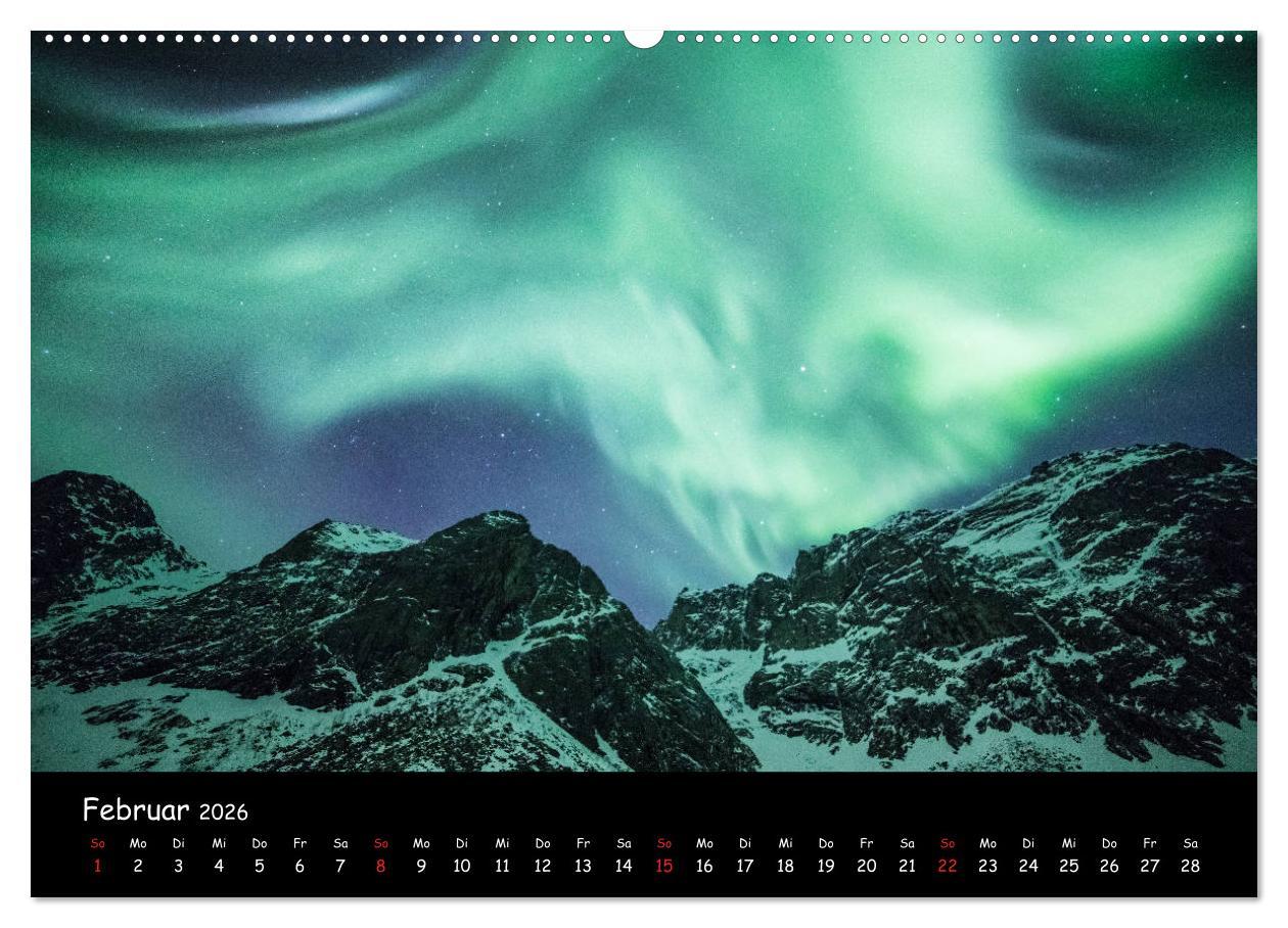 Beispielinhalt (Bild) Nordlichtkalender (hochwertiger Premium Wandkalender 2026 DIN A2 quer), Kunstdruck in Hochglanz