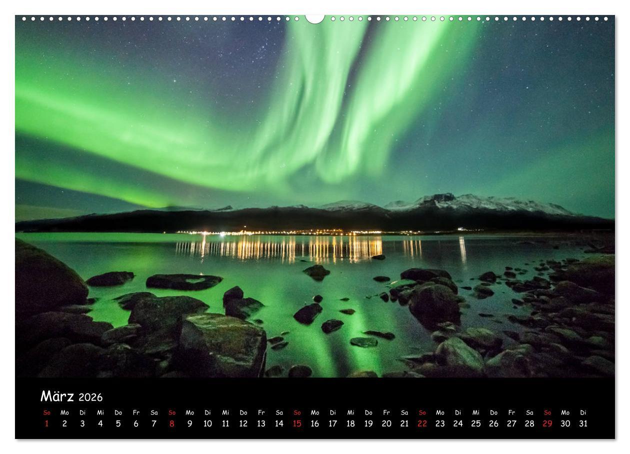 Beispielinhalt (Bild) Nordlichtkalender (hochwertiger Premium Wandkalender 2026 DIN A2 quer), Kunstdruck in Hochglanz