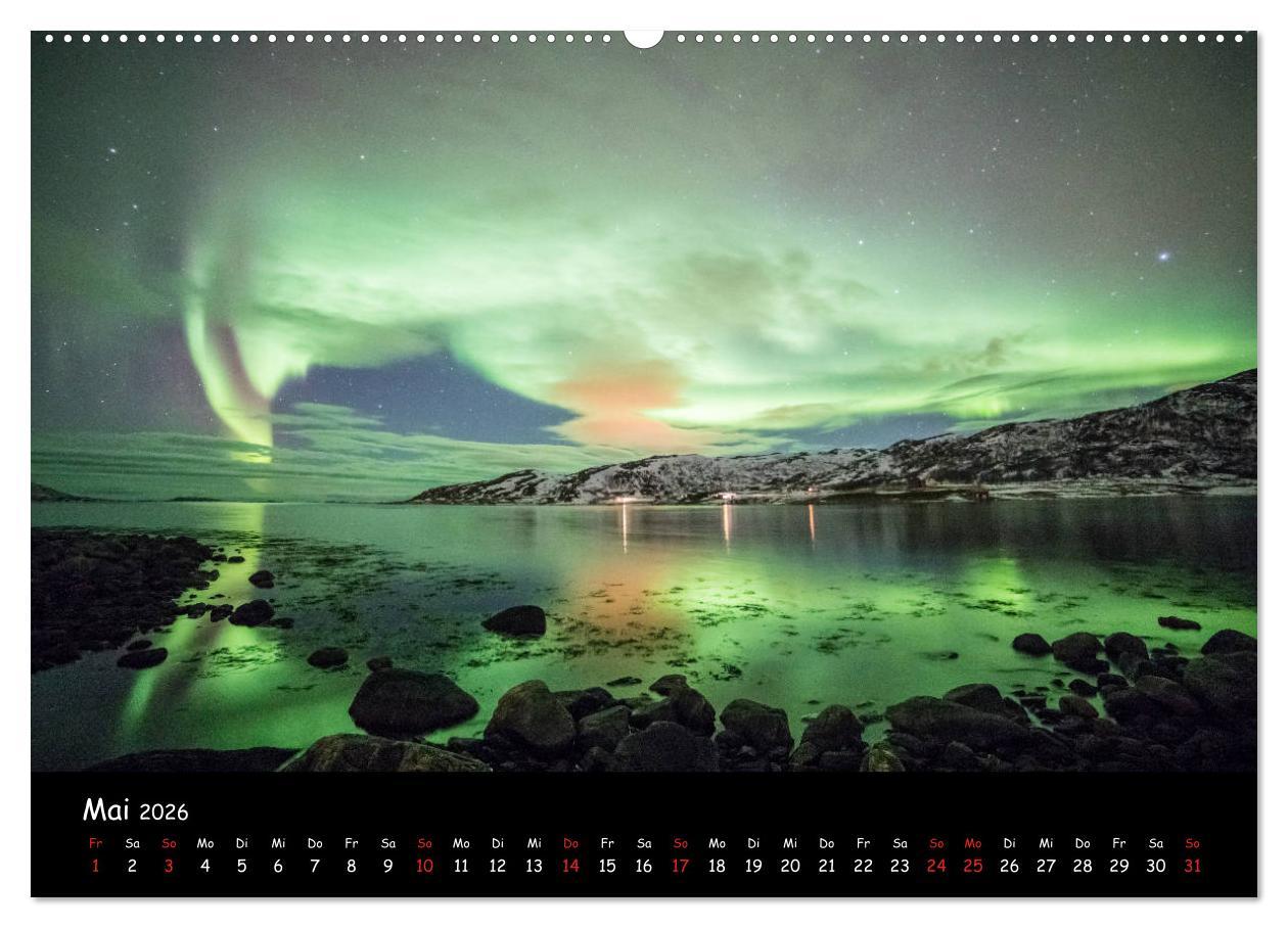 Beispielinhalt (Bild) Nordlichtkalender (hochwertiger Premium Wandkalender 2026 DIN A2 quer), Kunstdruck in Hochglanz