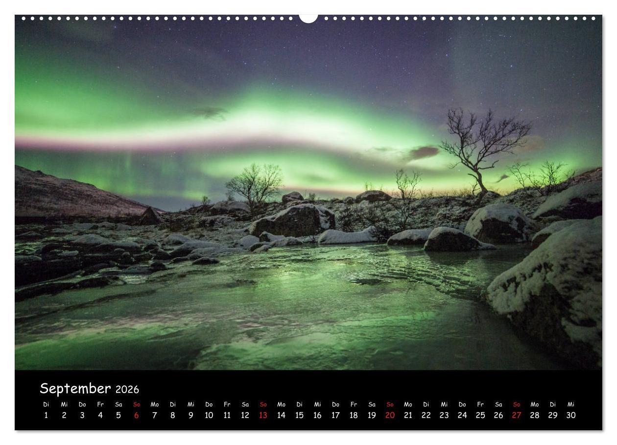 Beispielinhalt (Bild) Nordlichtkalender (hochwertiger Premium Wandkalender 2026 DIN A2 quer), Kunstdruck in Hochglanz