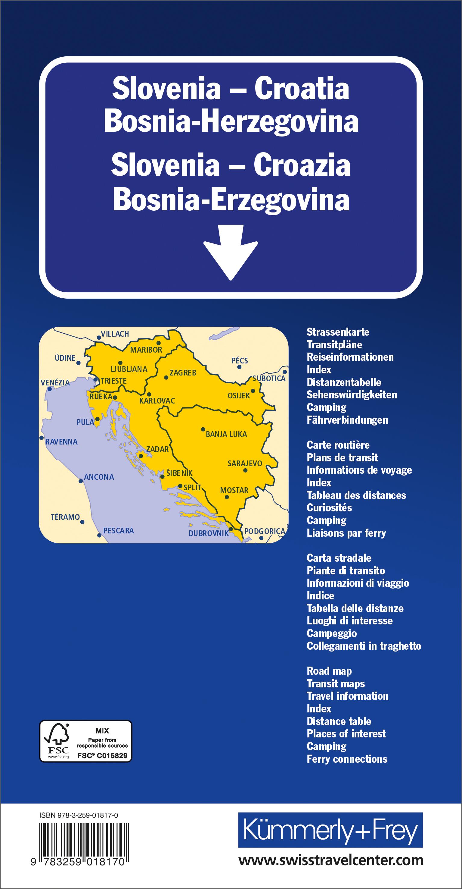 Rückseitencover Kümmerly+Frey Strassenkarte Slowenien, Kroatien, Bosnien-Herzegowina 1:500.000