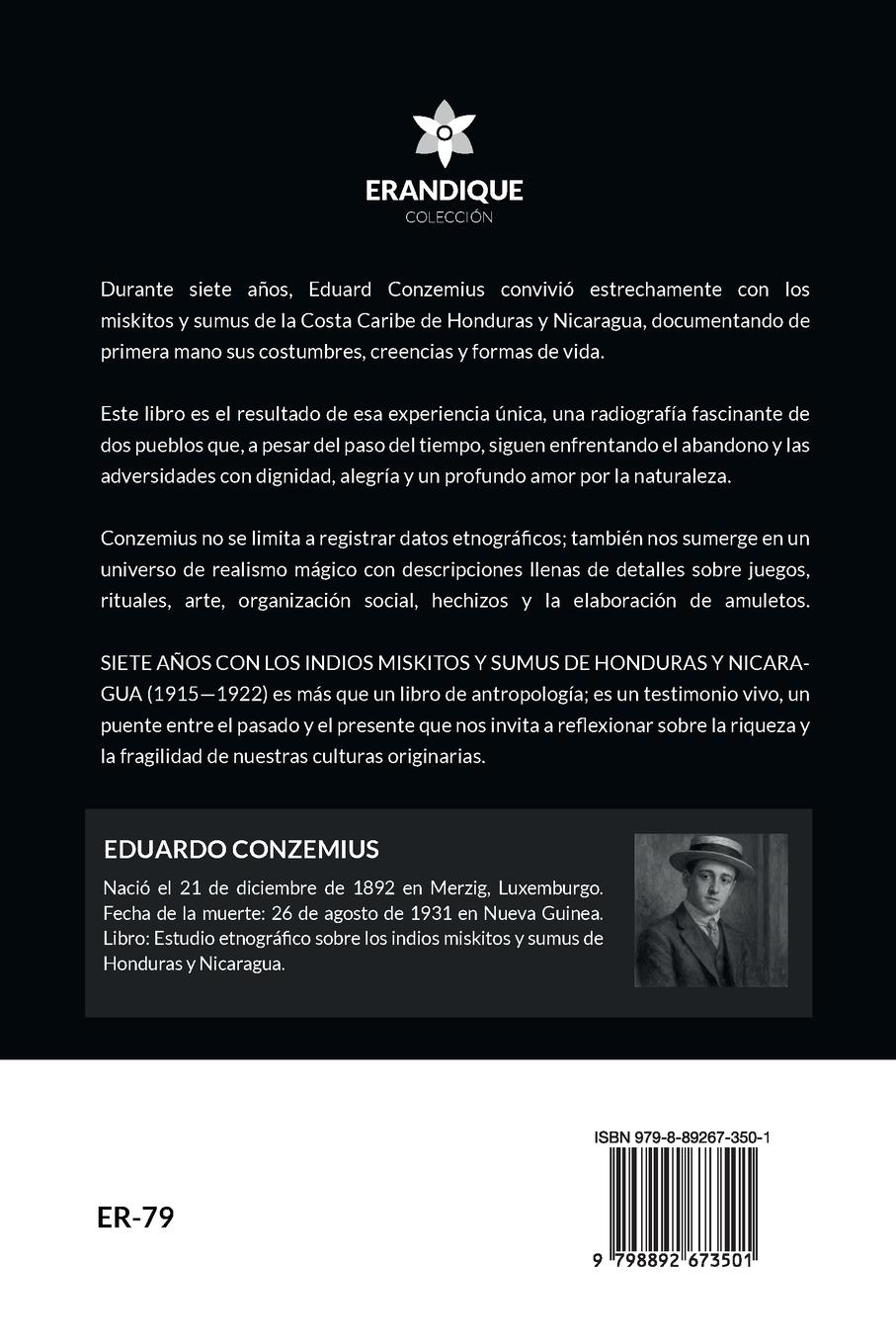 Rückseitencover Siete años con los indios miskitos y sumus de Honduras y Nicaragua (1915-1922)