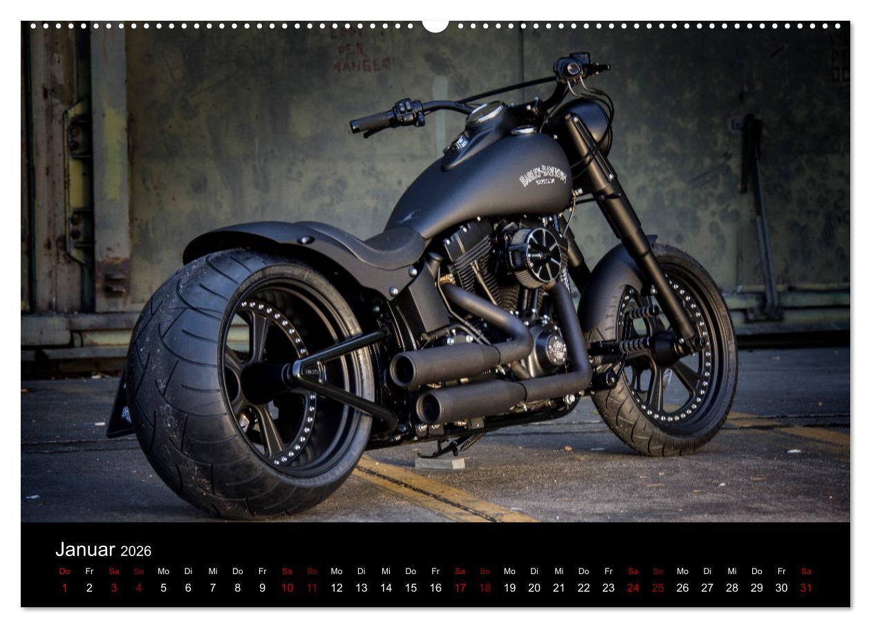 Beispielinhalt (Bild) Exklusive Best of Fat Ass Custombike Edition, feinste Harleys mit fettem Hintern (hochwertiger Premium Wandkalender 2026 DIN A2 quer), Kunstdruck in Hochglanz
