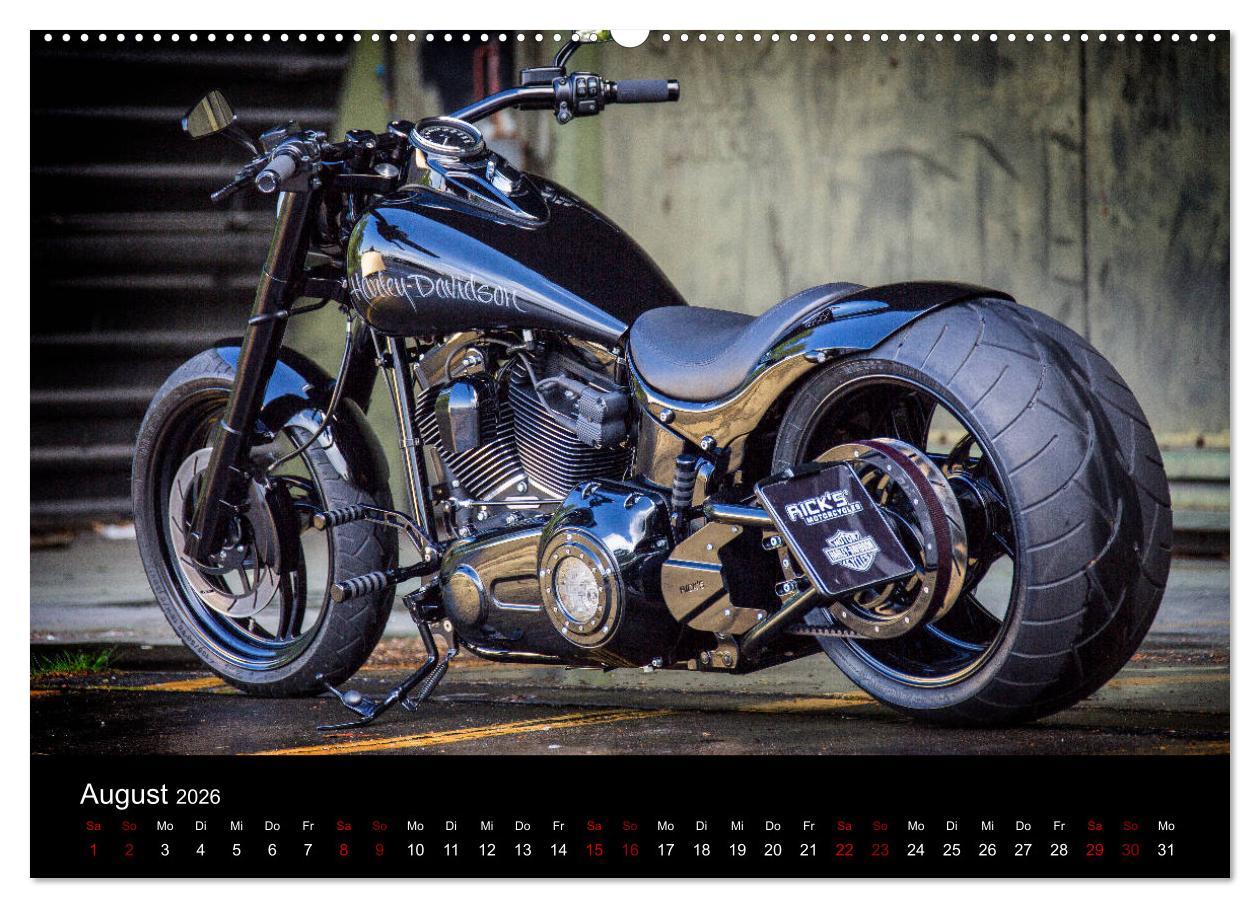 Beispielinhalt (Bild) Exklusive Best of Fat Ass Custombike Edition, feinste Harleys mit fettem Hintern (hochwertiger Premium Wandkalender 2026 DIN A2 quer), Kunstdruck in Hochglanz