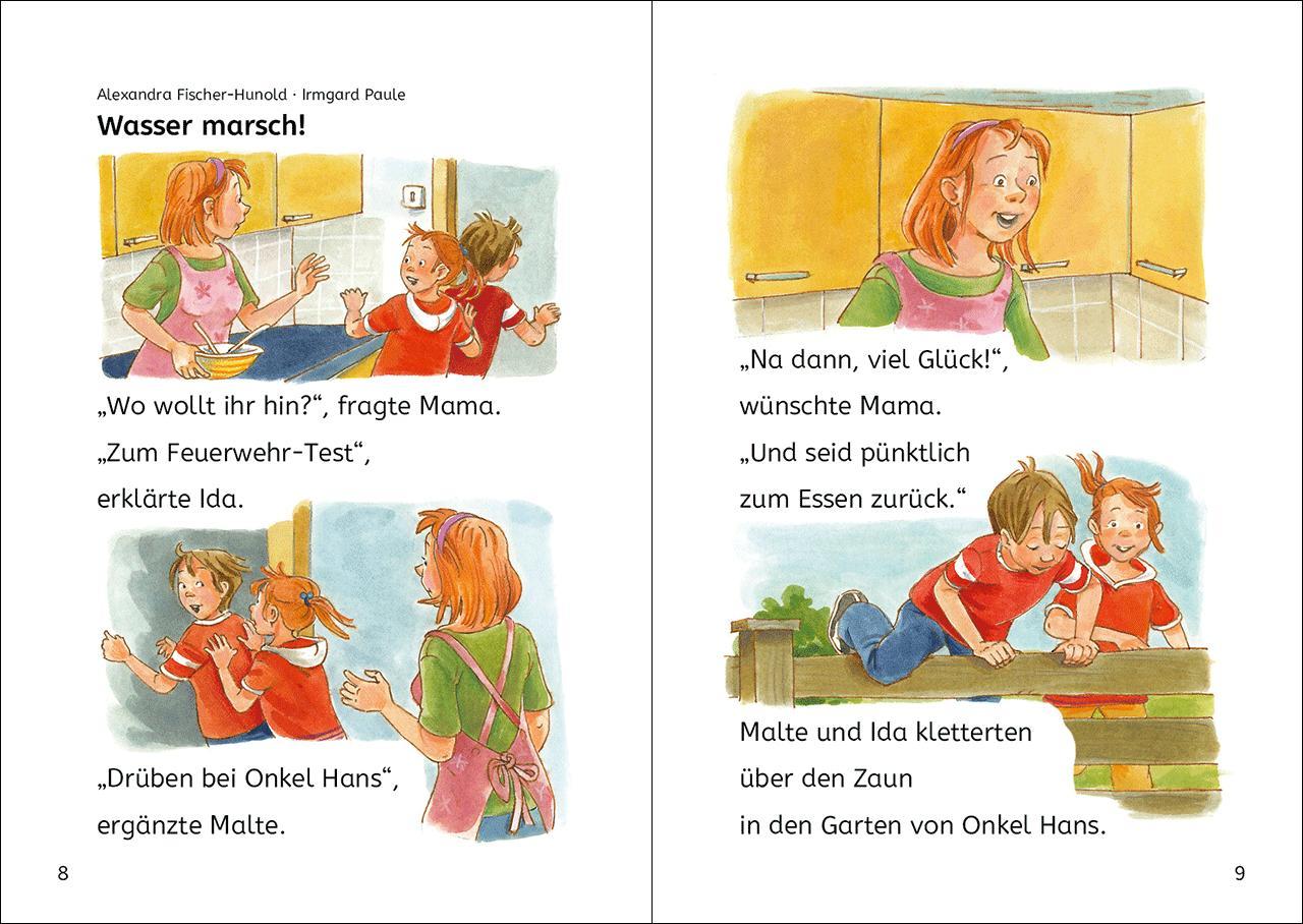 Beispielinhalt (Bild) Die schönsten Leselöwen-Geschichten zum Lesenlernen - Polizei und Feuerwehr