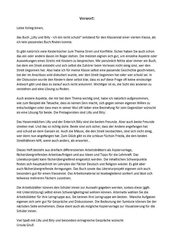 Beispielinhalt (Bild) Literaturprojekt zu Lilly und Billy - Ich bin nicht schuld!