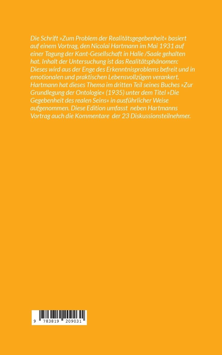 Rückseitencover Nicolai Hartmann: Zum Problem der Realitätsgegebenheit