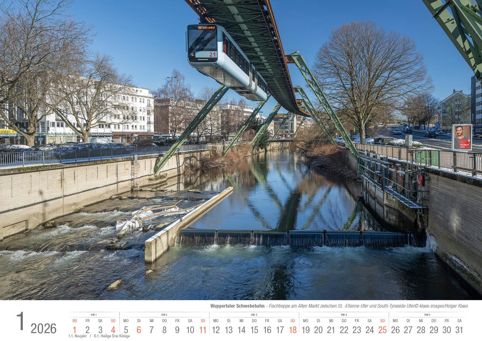 Beispielinhalt (Bild) Wuppertaler Schwebebahn 2026 Bildkalender A3 Spiralbindung
