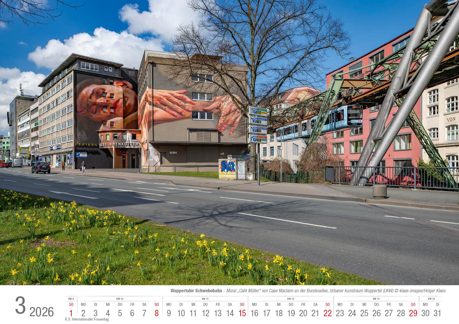 Beispielinhalt (Bild) Wuppertaler Schwebebahn 2026 Bildkalender A3 Spiralbindung