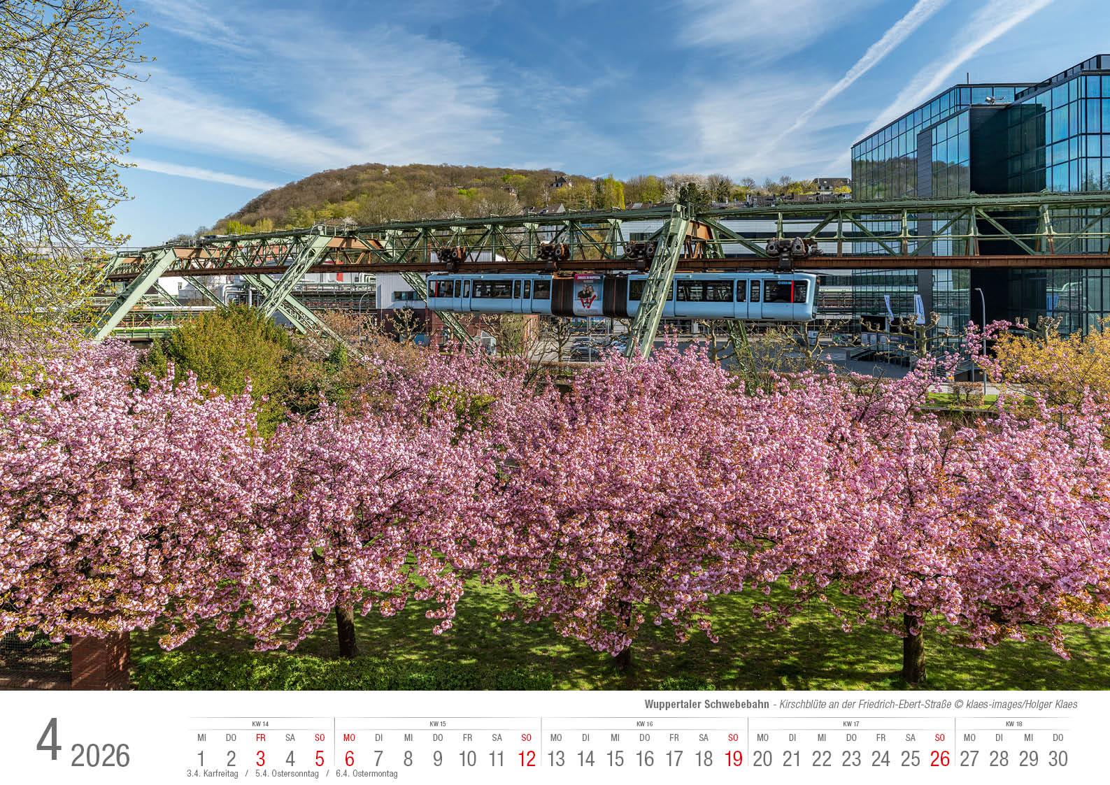 Beispielinhalt (Bild) Wuppertaler Schwebebahn 2026 Bildkalender A3 Spiralbindung