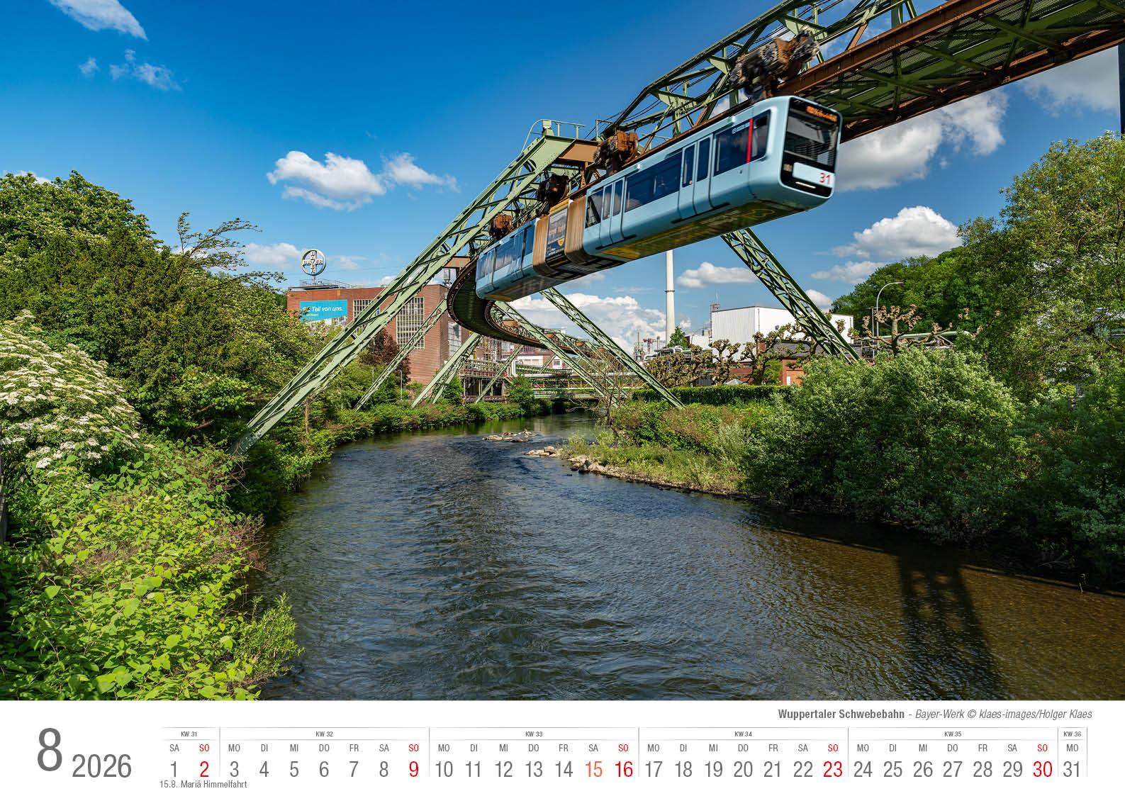 Beispielinhalt (Bild) Wuppertaler Schwebebahn 2026 Bildkalender A3 Spiralbindung