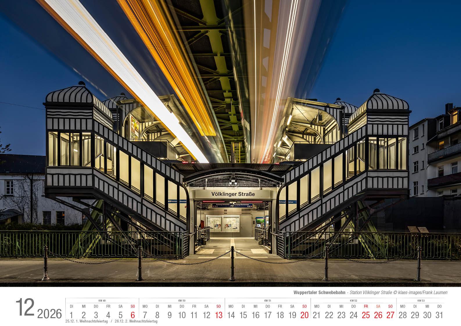 Beispielinhalt (Bild) Wuppertaler Schwebebahn 2026 Bildkalender A3 Spiralbindung