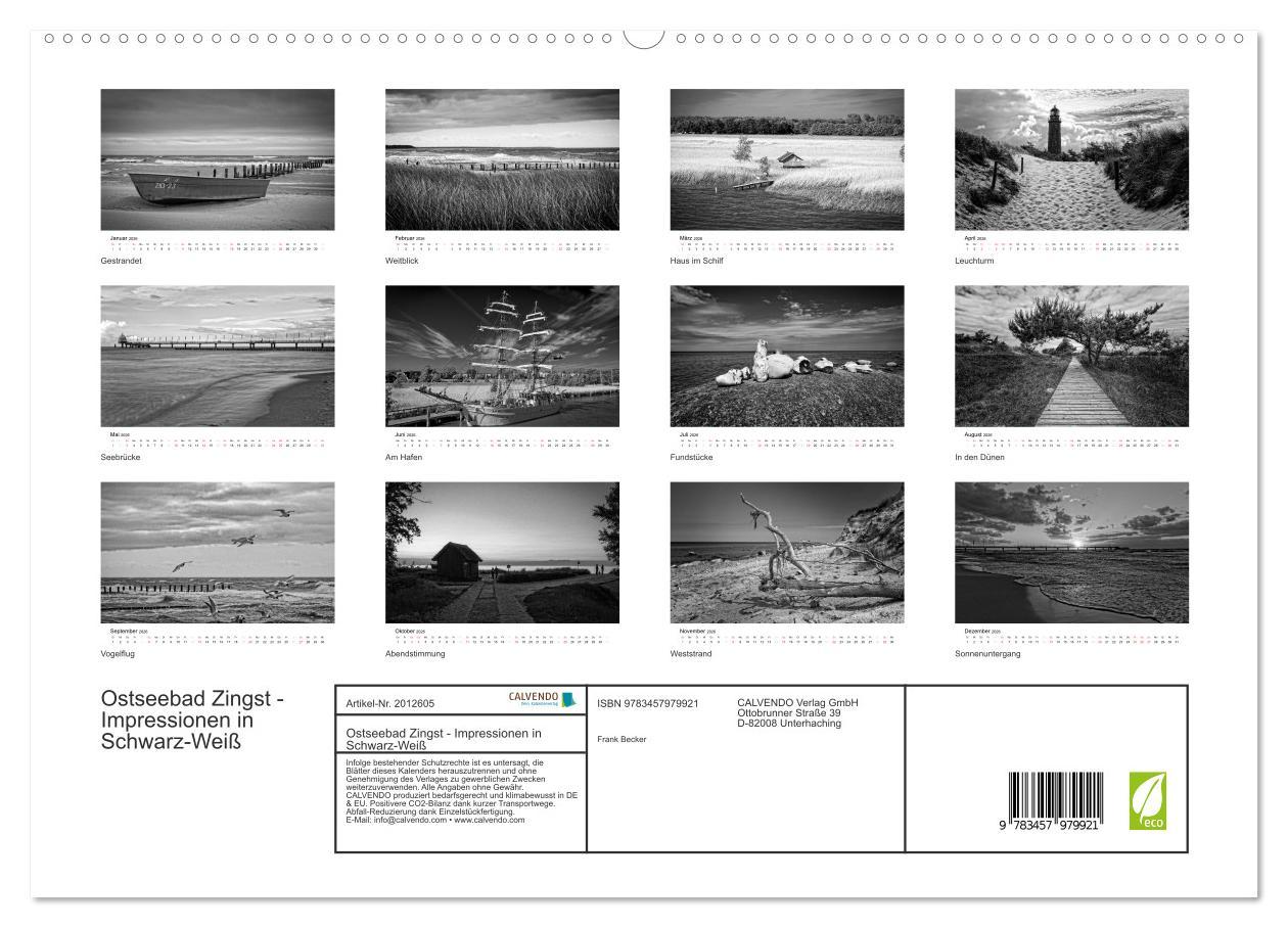 Beispielinhalt (Bild) Ostseebad Zingst - Impressionen in Schwarz-Weiß (hochwertiger Premium Wandkalender 2026 DIN A2 quer), Kunstdruck in Hochglanz