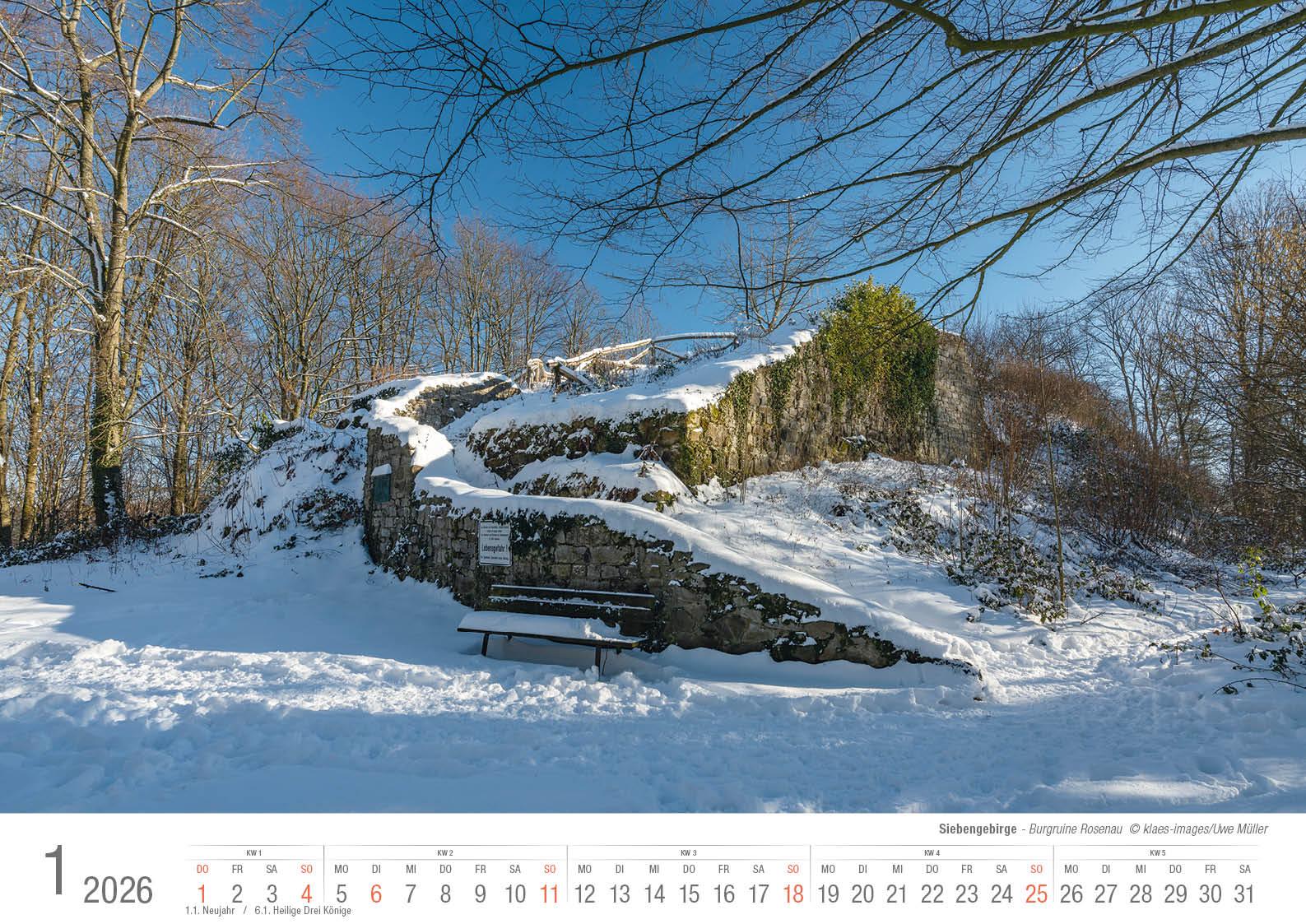 Beispielinhalt (Bild) Siebengebirge 2026 Bildkalender A3 quer, spiralgebunden