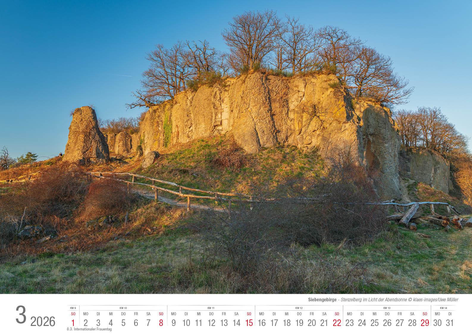 Beispielinhalt (Bild) Siebengebirge 2026 Bildkalender A3 quer, spiralgebunden