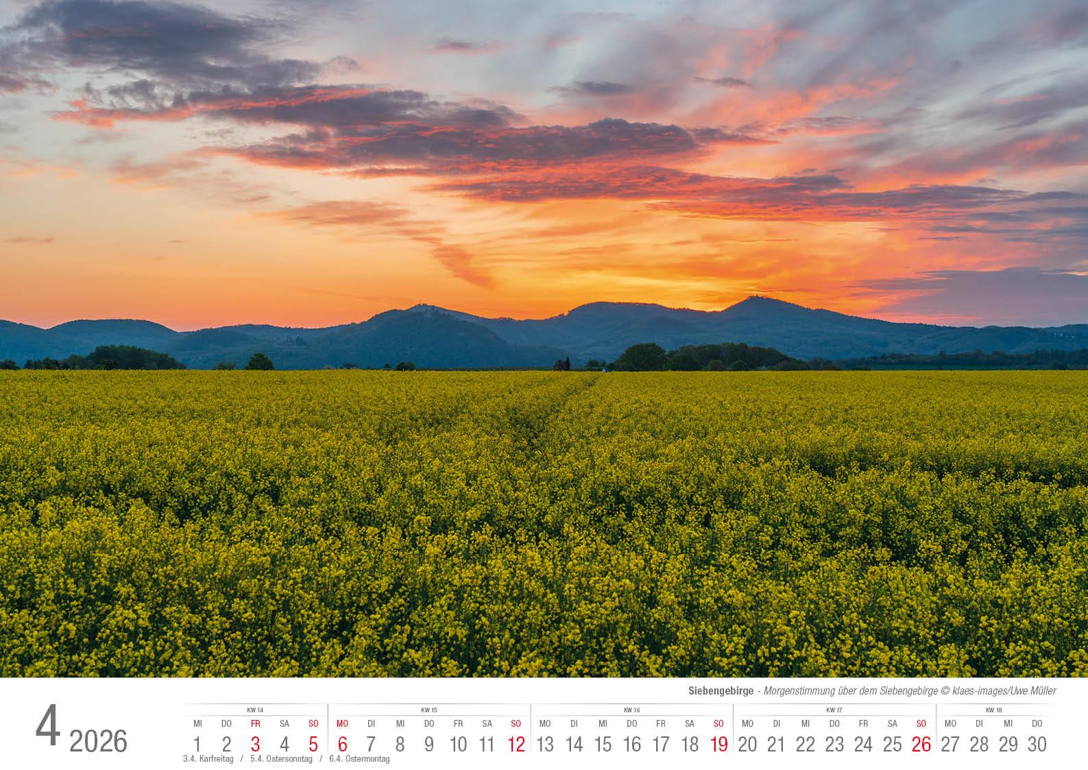 Beispielinhalt (Bild) Siebengebirge 2026 Bildkalender A3 quer, spiralgebunden