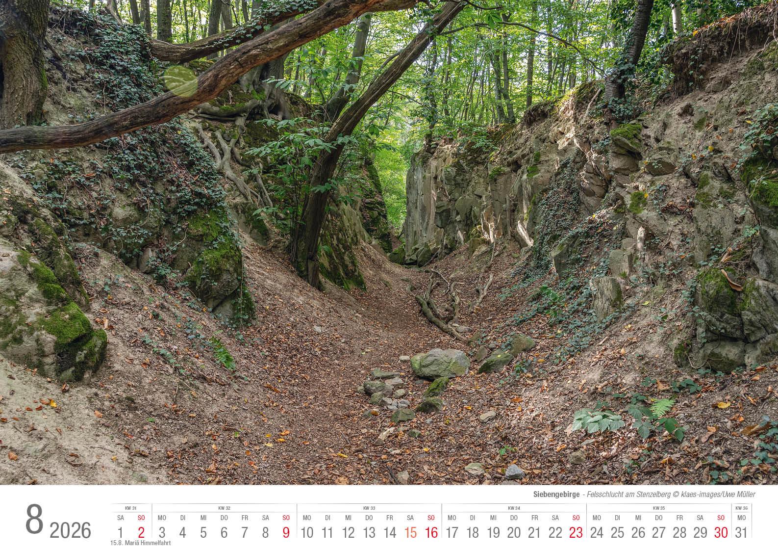 Beispielinhalt (Bild) Siebengebirge 2026 Bildkalender A3 quer, spiralgebunden