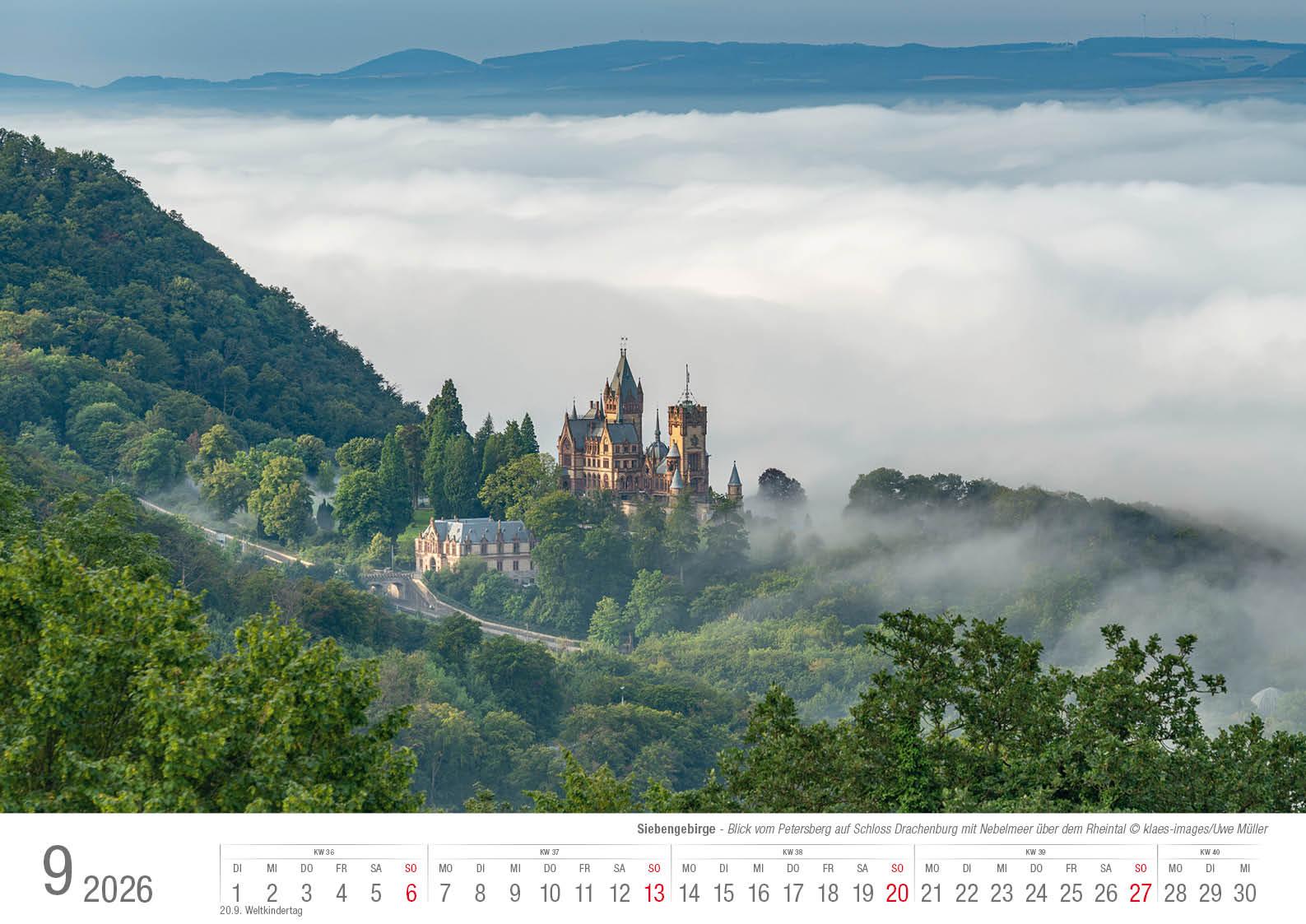 Beispielinhalt (Bild) Siebengebirge 2026 Bildkalender A3 quer, spiralgebunden