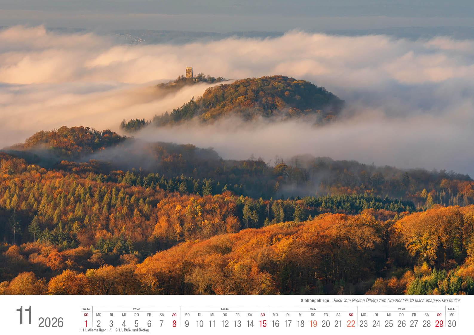 Beispielinhalt (Bild) Siebengebirge 2026 Bildkalender A3 quer, spiralgebunden