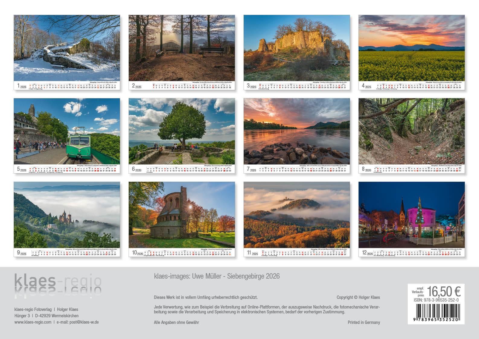 Rückseitencover Siebengebirge 2026 Bildkalender A3 quer, spiralgebunden
