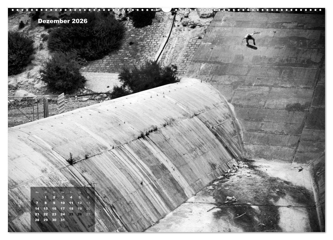 Beispielinhalt (Bild) Skateboarden in Schwarz-Weiß (hochwertiger Premium Wandkalender 2026 DIN A2 quer), Kunstdruck in Hochglanz